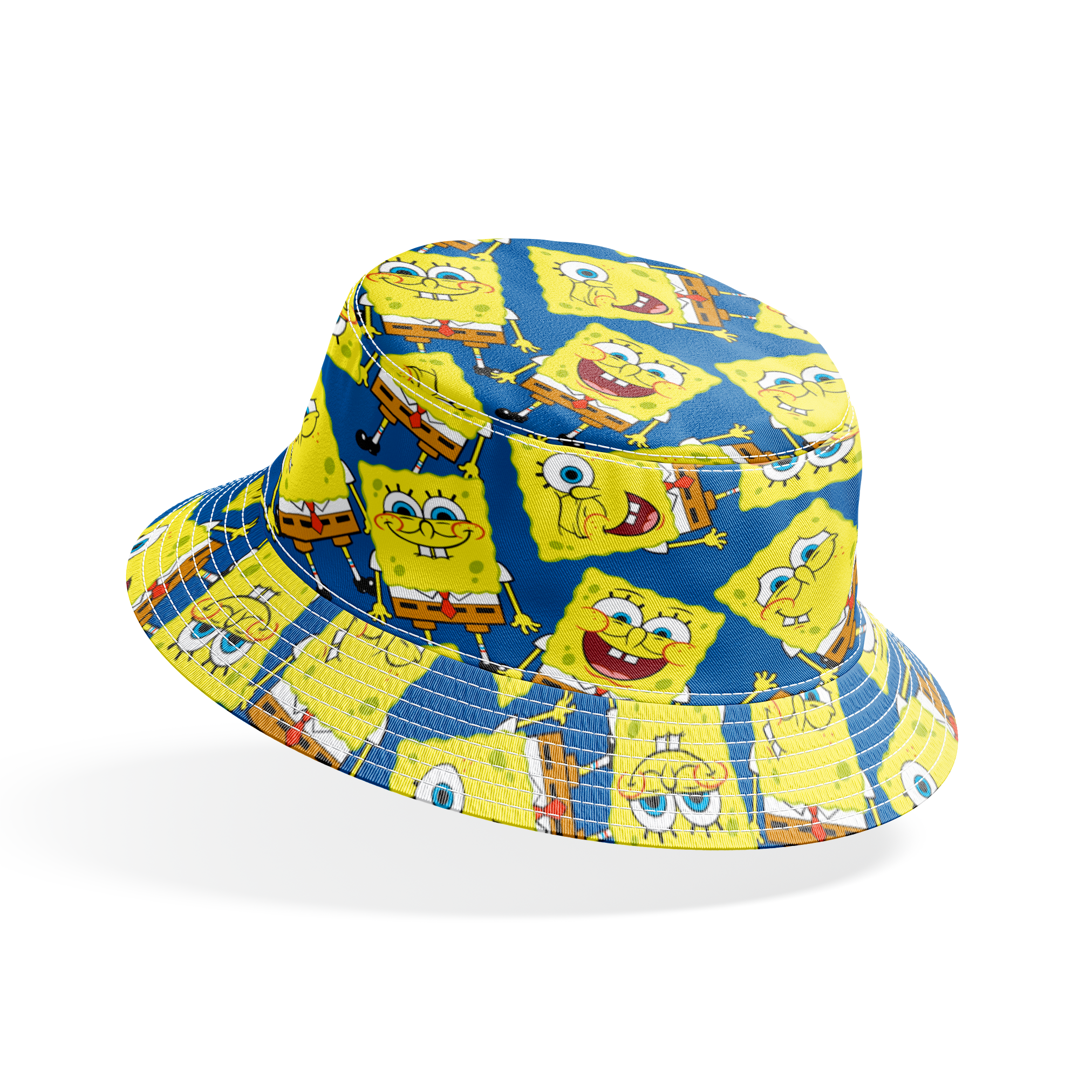 SpongeBob SquarePants pattern featuring various expressions on blue background bucket hat mockup