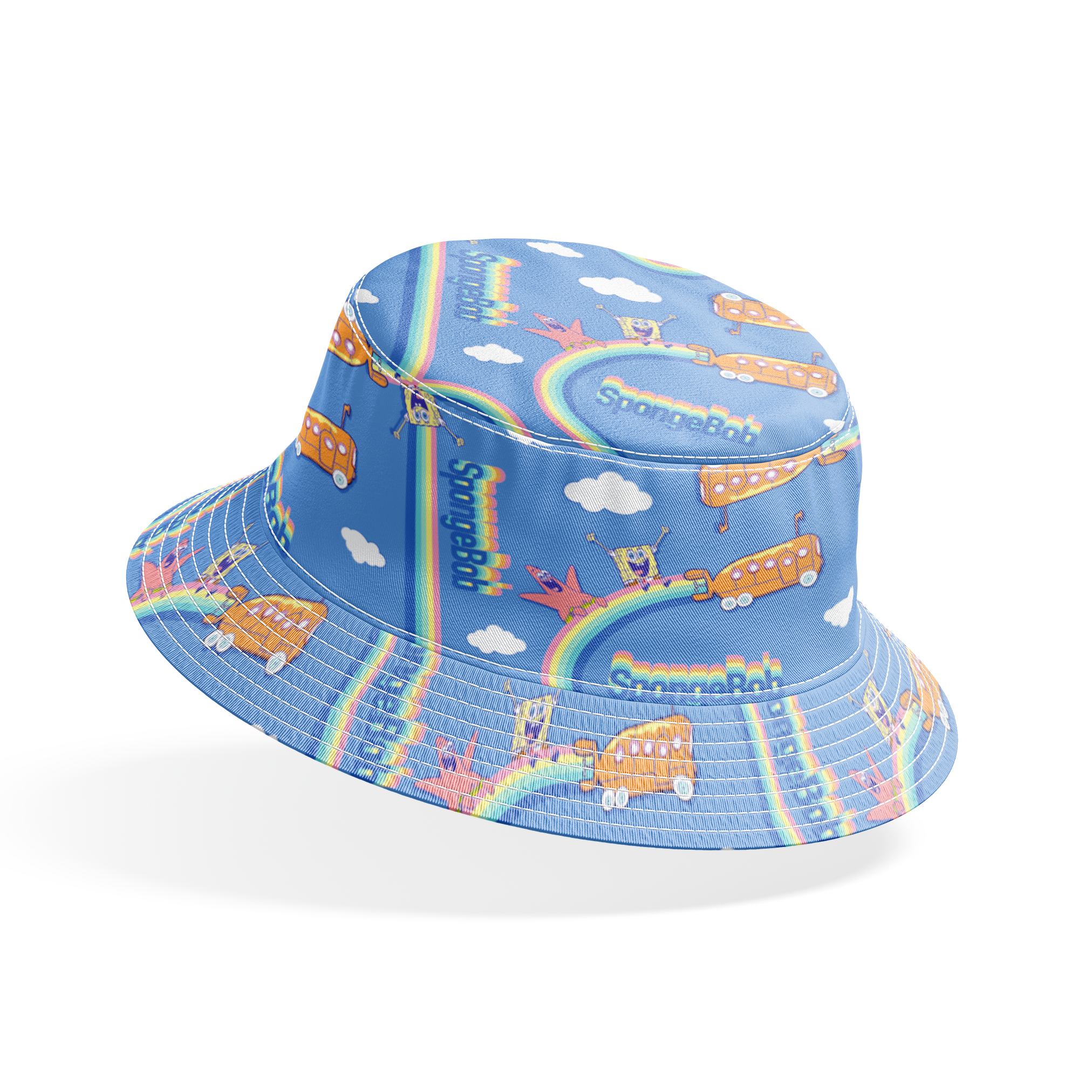 SpongeBob pattern with cartoon characters, buses, rainbows and clouds on light blue background bucket hat mockup