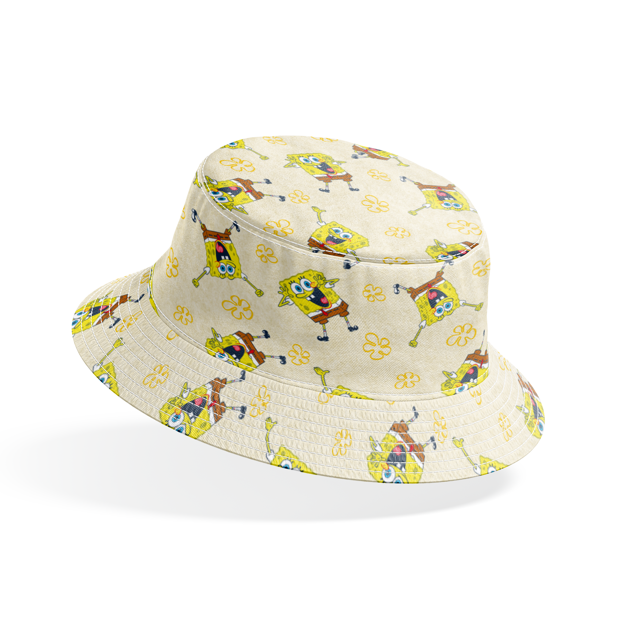Repeating pattern of SpongeBob SquarePants characters on light yellow background with yellow flowers bucket hat mockup