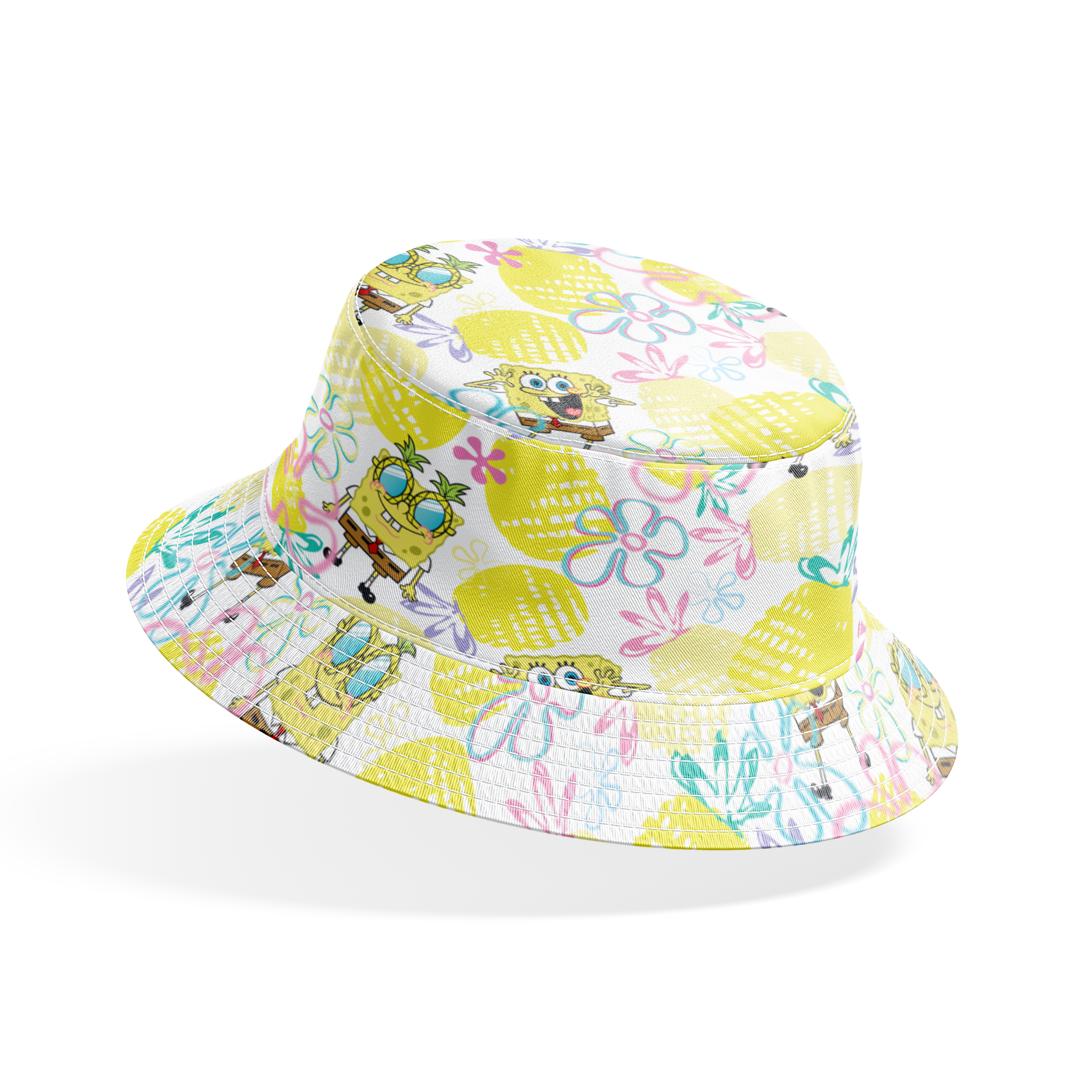 SpongeBob wearing pineapple glasses surrounded by yellow pineapples and pastel floral sketches on a white background in a playful Nickelodeon design. bucket hat mockup