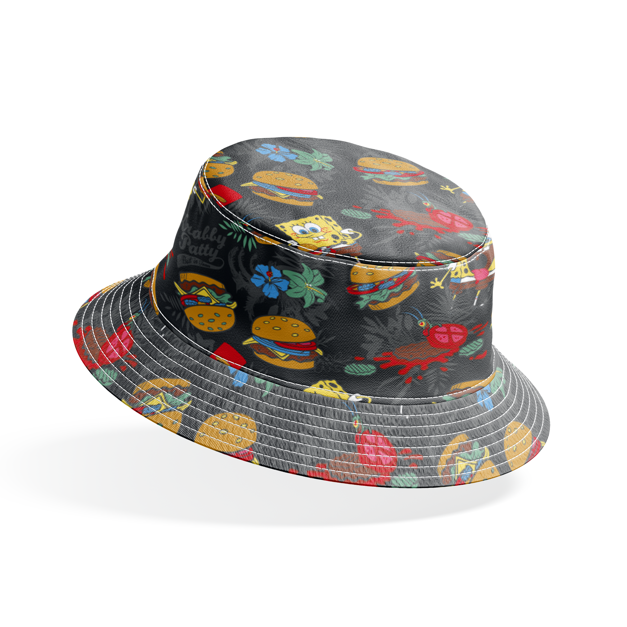 SpongeBob, Plankton, and Krabby Patties with tropical leaves and flowers on a black background in a bold character-themed design. bucket hat mockup