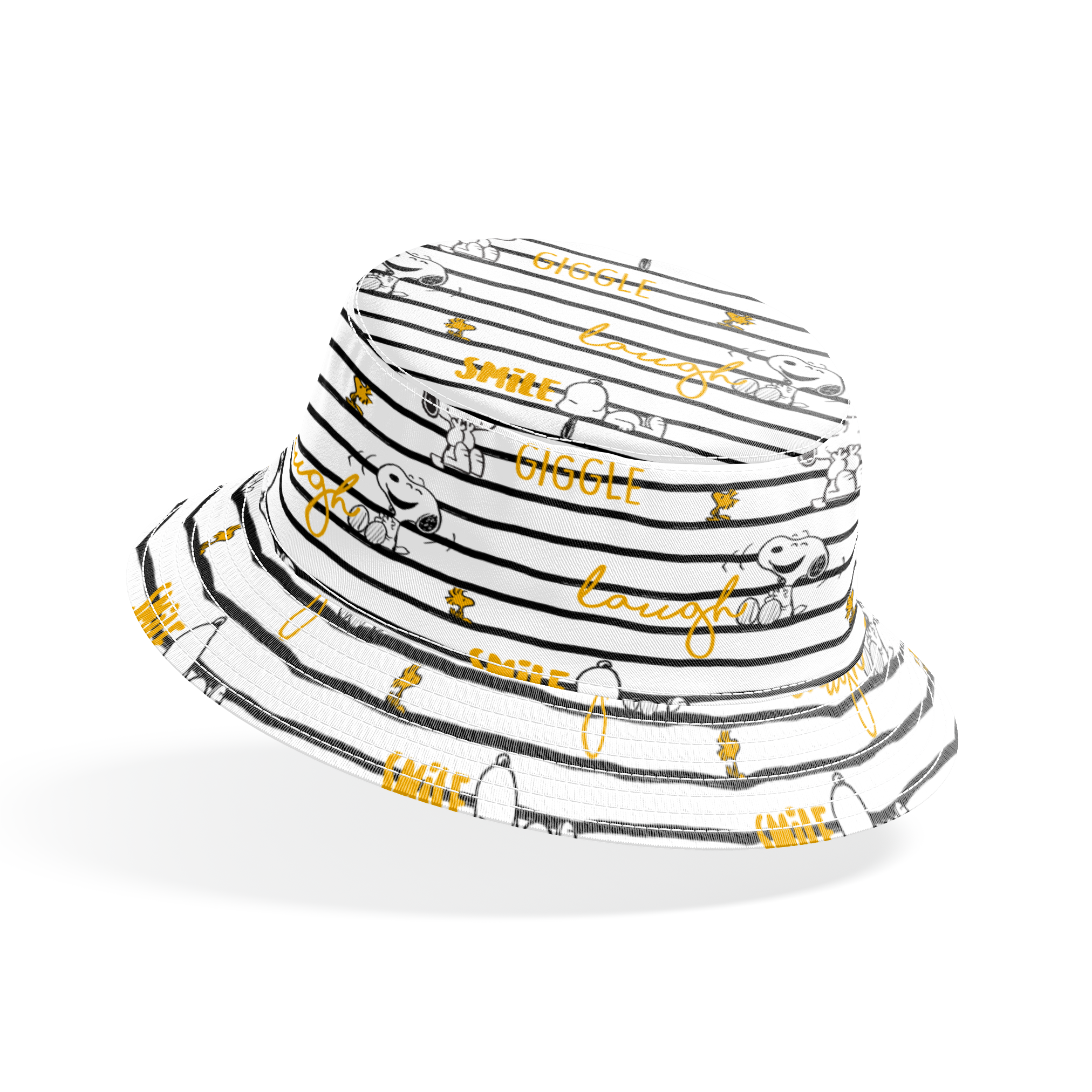 Black and white striped pattern with Snoopy and Woodstock, yellow text saying "giggle," "laugh," "smile bucket hat mockup