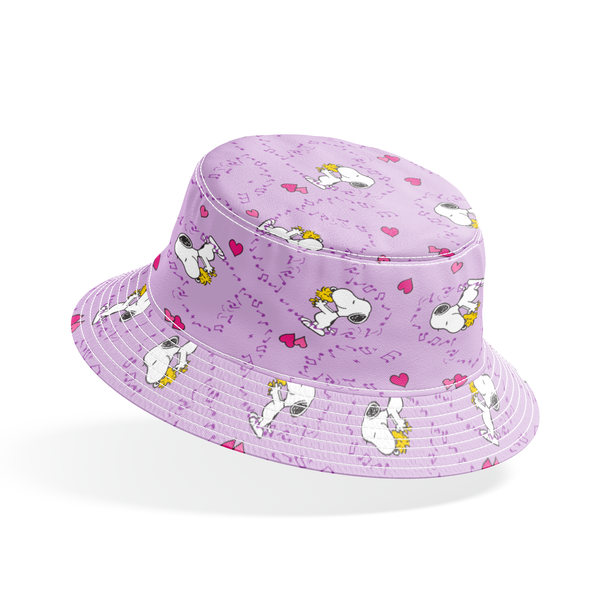 Snoopy and Woodstock on purple background with pink hearts and music notes bucket hat mockup