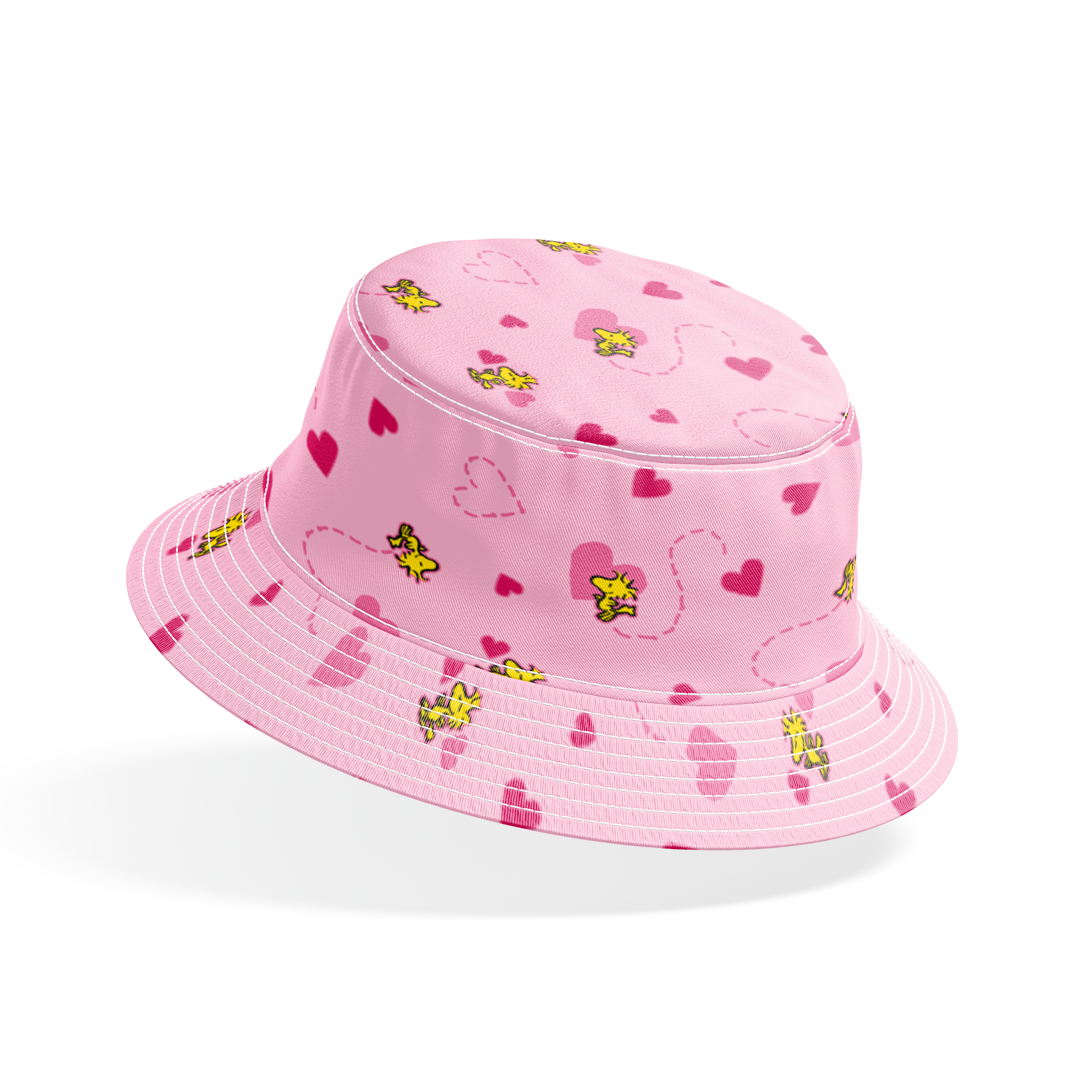 Pink background with hearts and Woodstock pattern, dotted heart outlines and solid pink hearts scattered throughout. bucket hat mockup