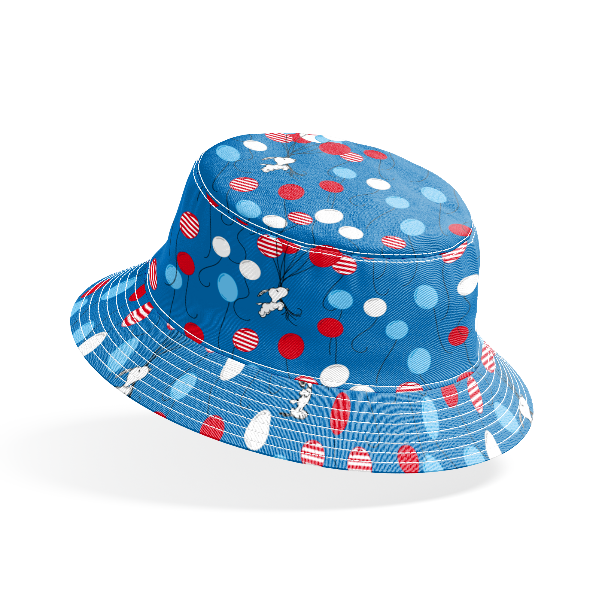 Snoopy patriotic blue pattern with red, white, and blue balloons and stars in American flag style bucket hat mockup