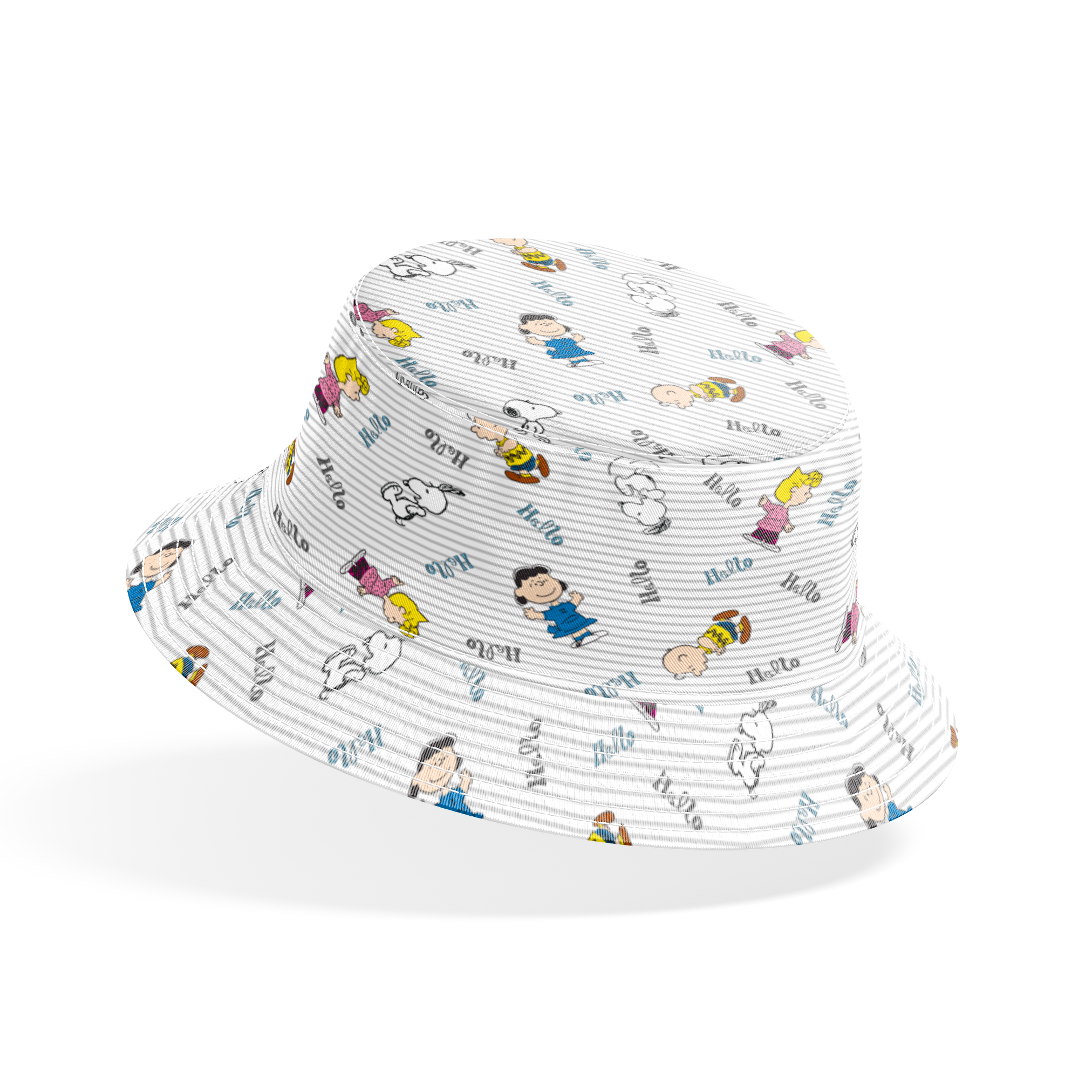 Peanuts cartoon characters scattered on striped background with "hello" text, featuring Snoopy, Charlie Brown, and friends bucket hat mockup