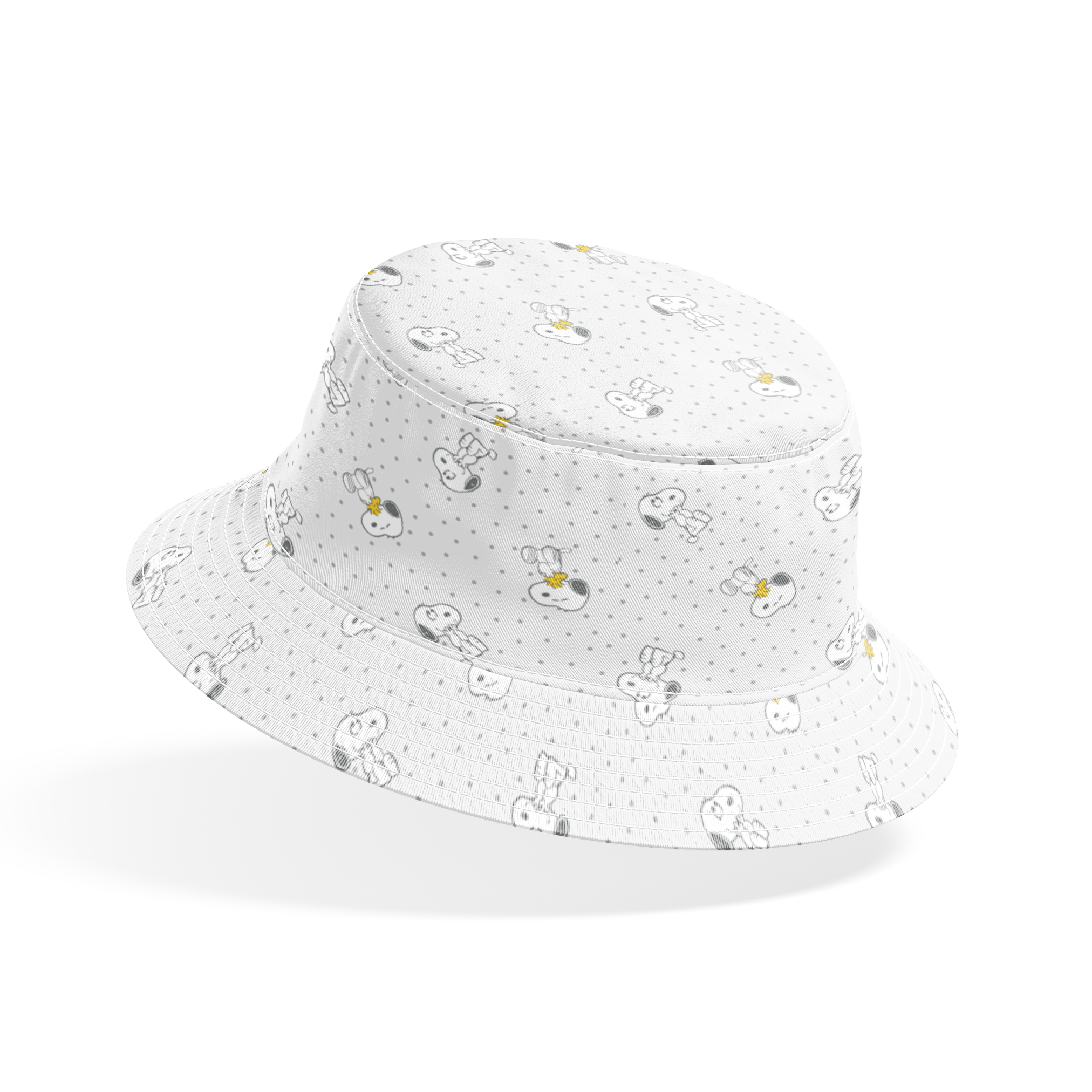 Snoopy and Woodstock on polka dot background in a repeating pattern bucket hat mockup