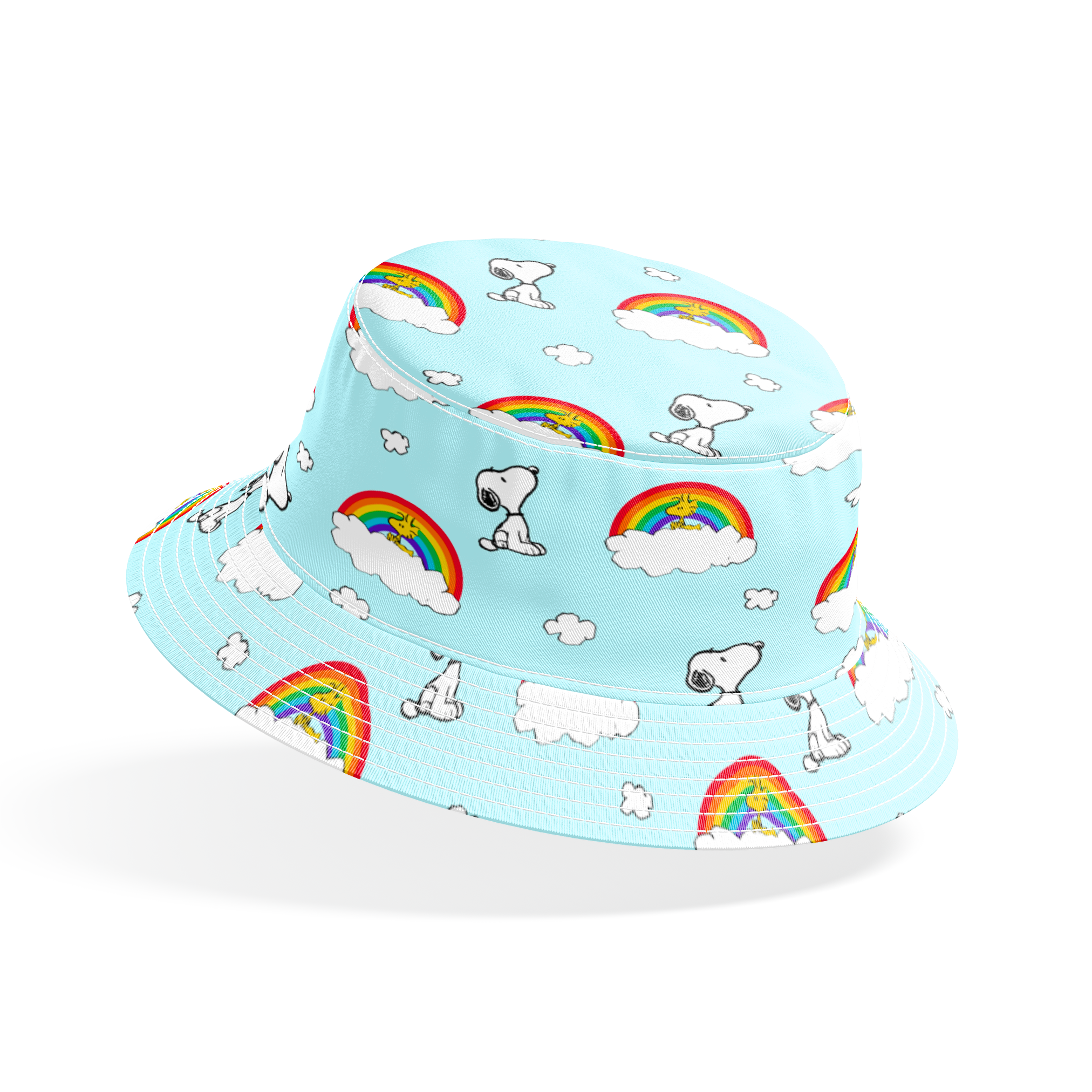 Snoopy and Woodstock characters on light blue background with rainbows, clouds and white fluffy clouds bucket hat mockup