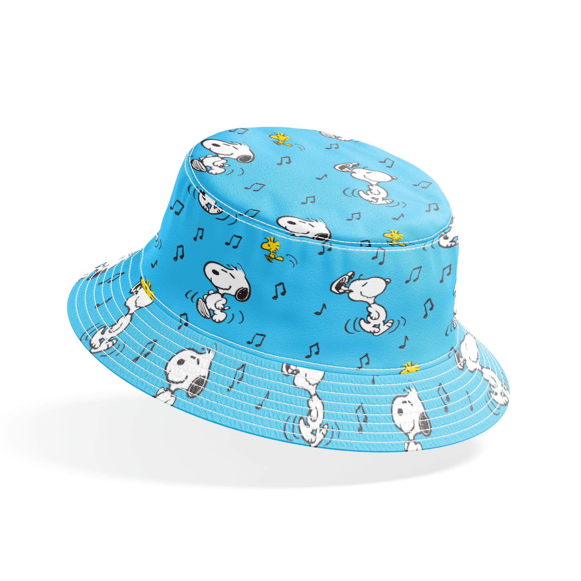 Cartoon characters Snoopy and Woodstock dancing with musical notes on light blue background bucket hat mockup