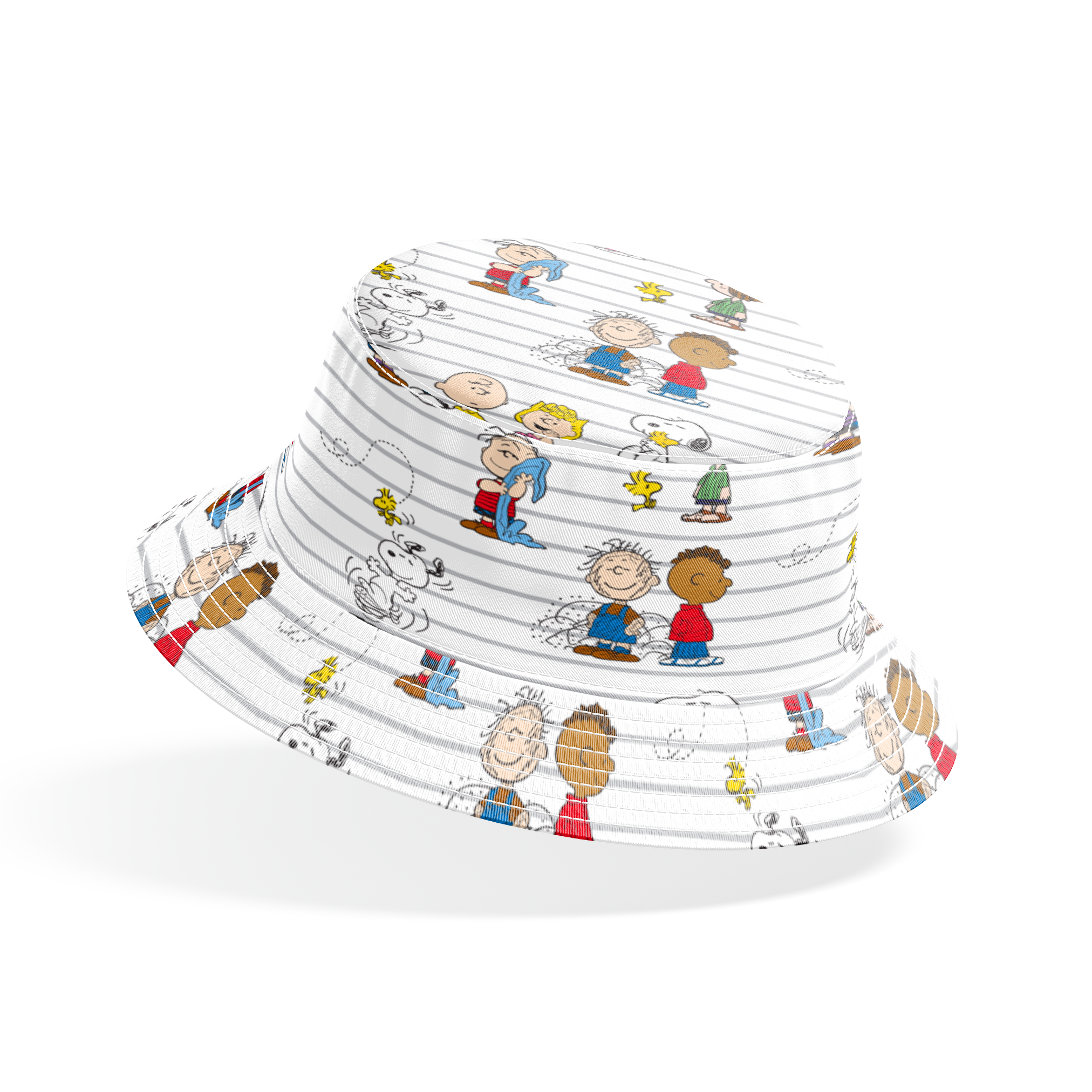 Peanuts cartoon characters on striped background, including Snoopy, Woodstock, and friends with their signature traits and poses. bucket hat mockup