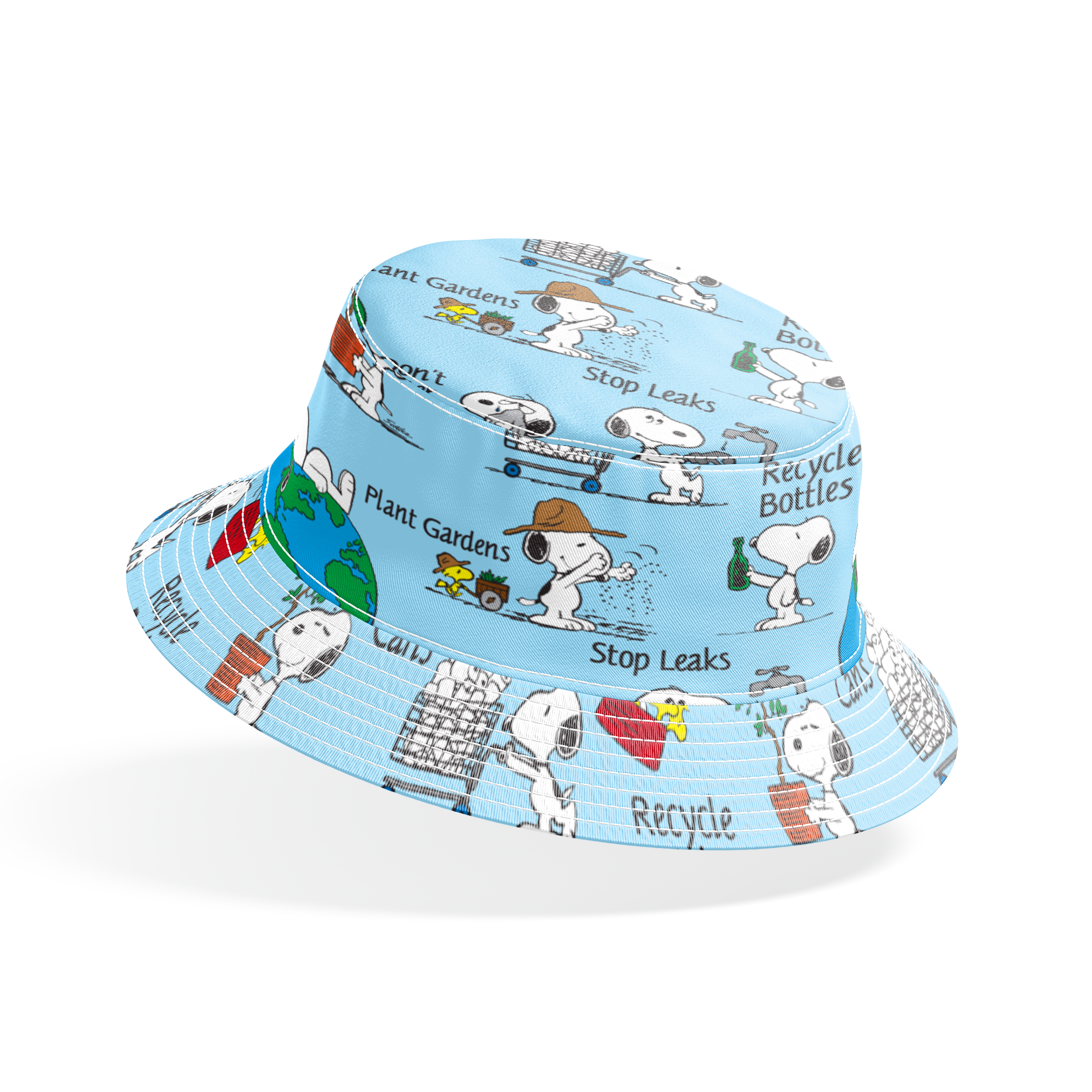 Snoopy cartoon dog in environmental scenes with Earth graphic and eco-friendly messages like "Plant a Tree" and "Recycle bucket hat mockup