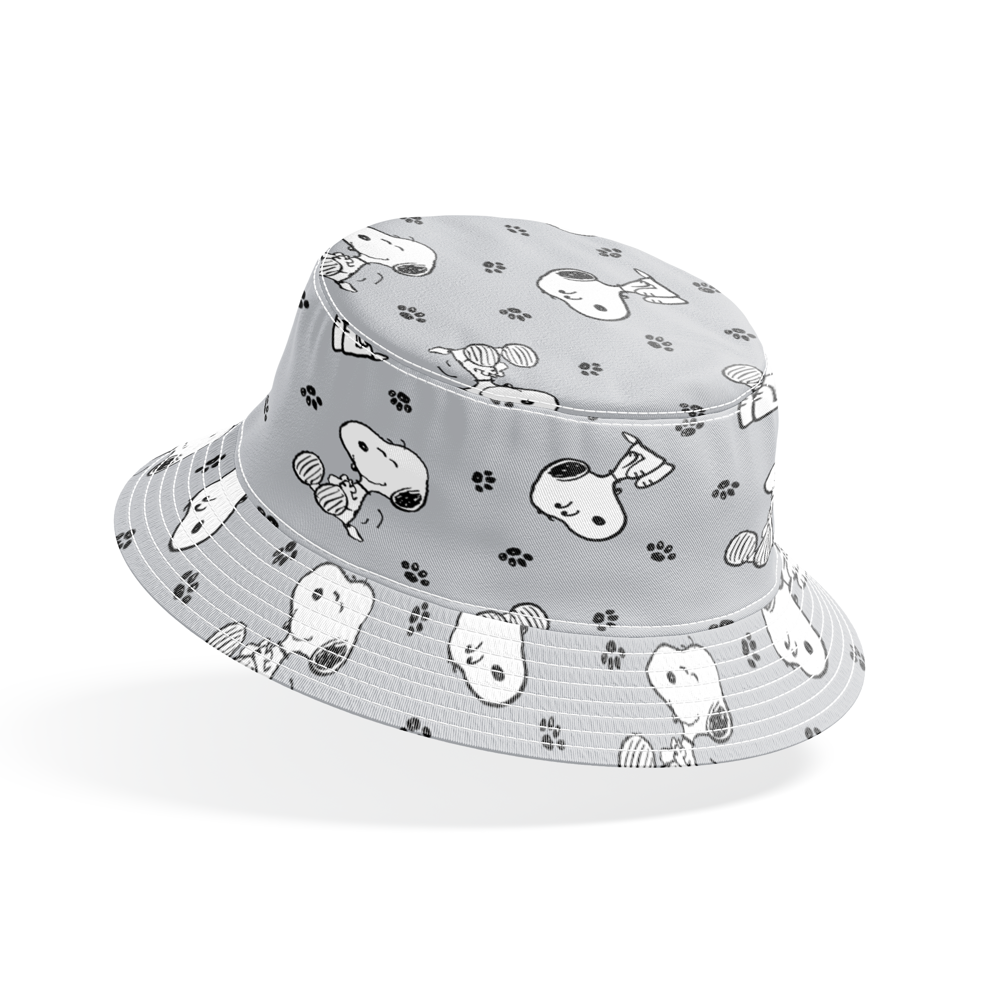 Snoopy with black ears on gray background with paw prints, in various poses bucket hat mockup
