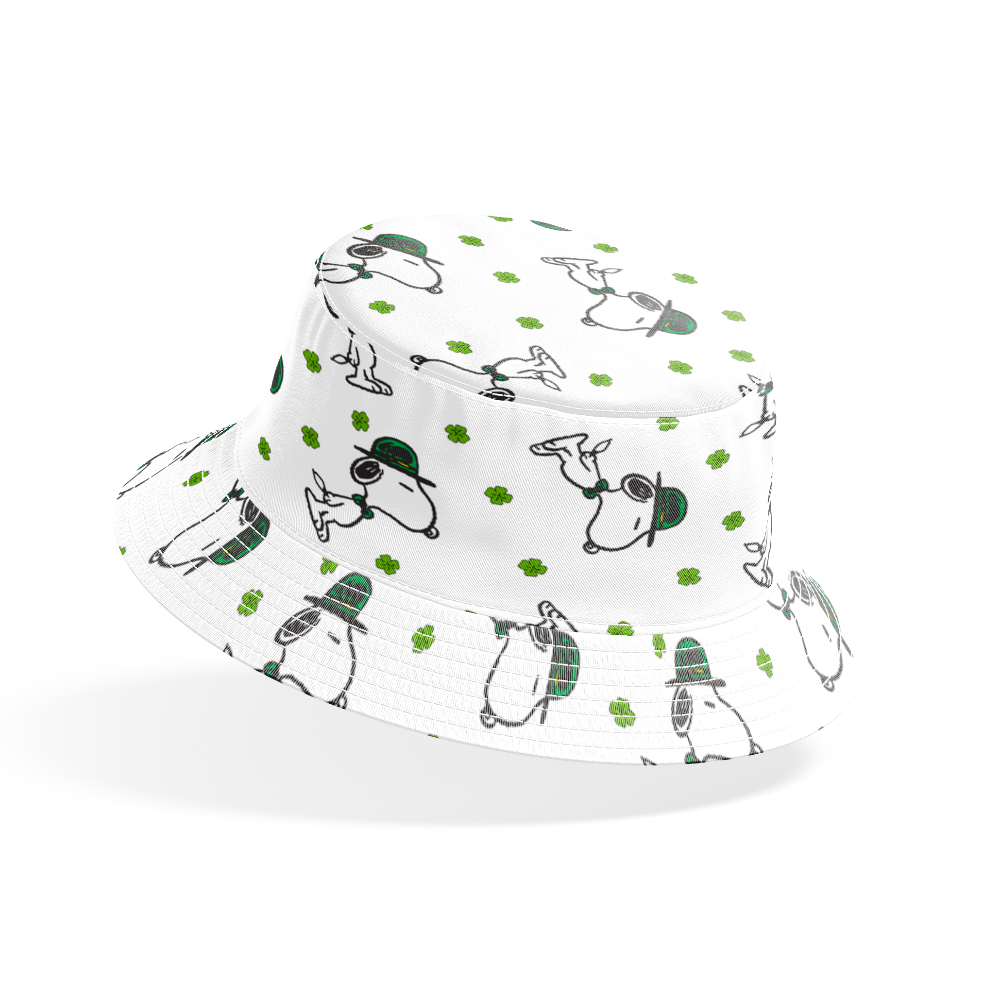 Cartoon Snoopy wearing green hat with shamrocks scattered across white background bucket hat mockup