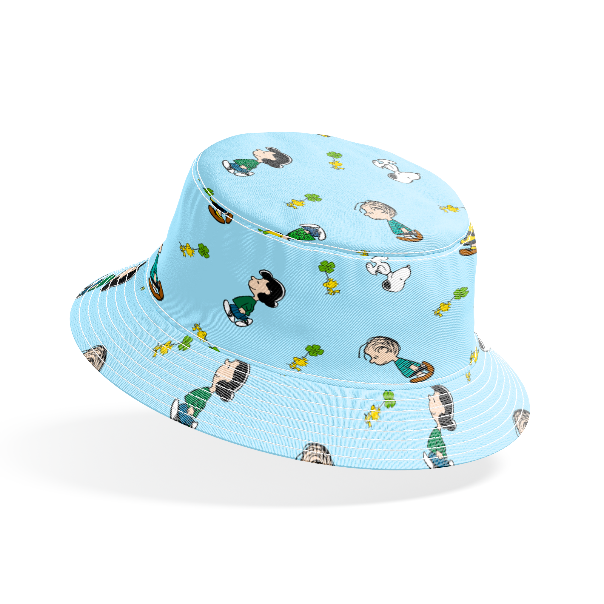 Peanuts cartoon characters on light blue background with clovers bucket hat mockup