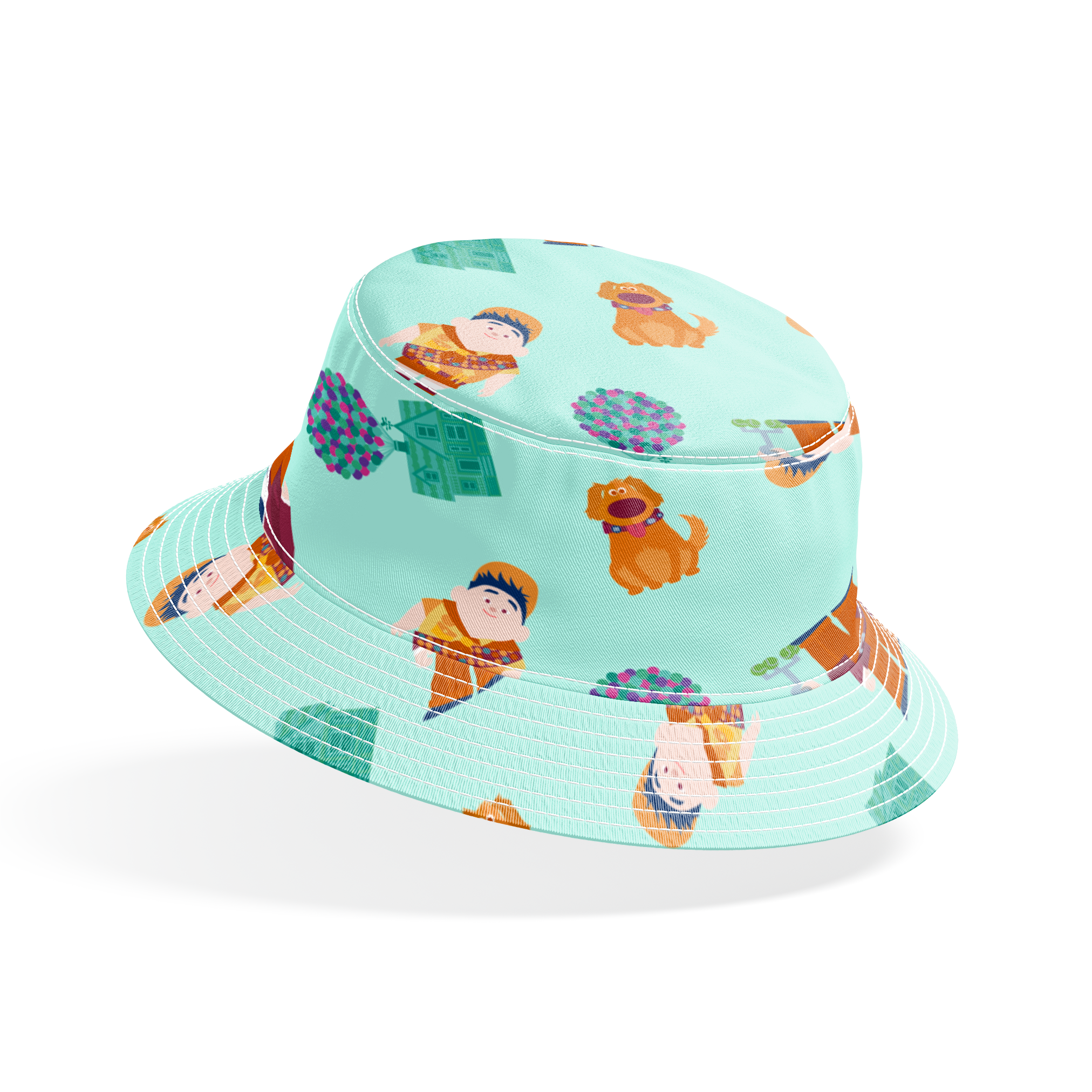 Cartoon pattern on mint background featuring characters from Pixar's "Up" with balloons, houses, and colorful elements bucket hat mockup
