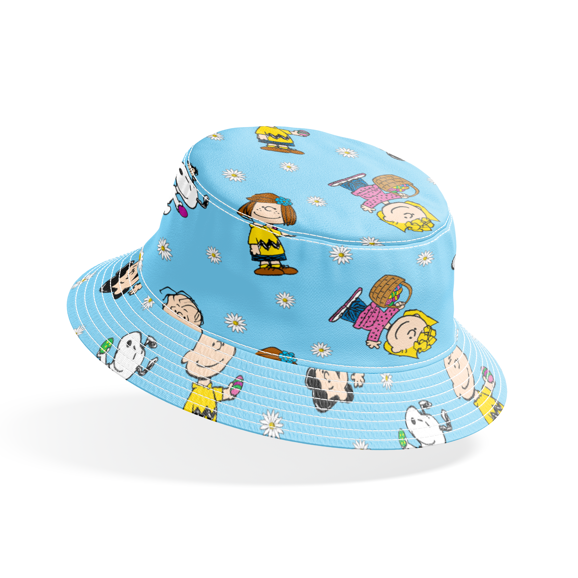 Peanuts cartoon characters scattered on light blue background with white daisies pattern bucket hat mockup
