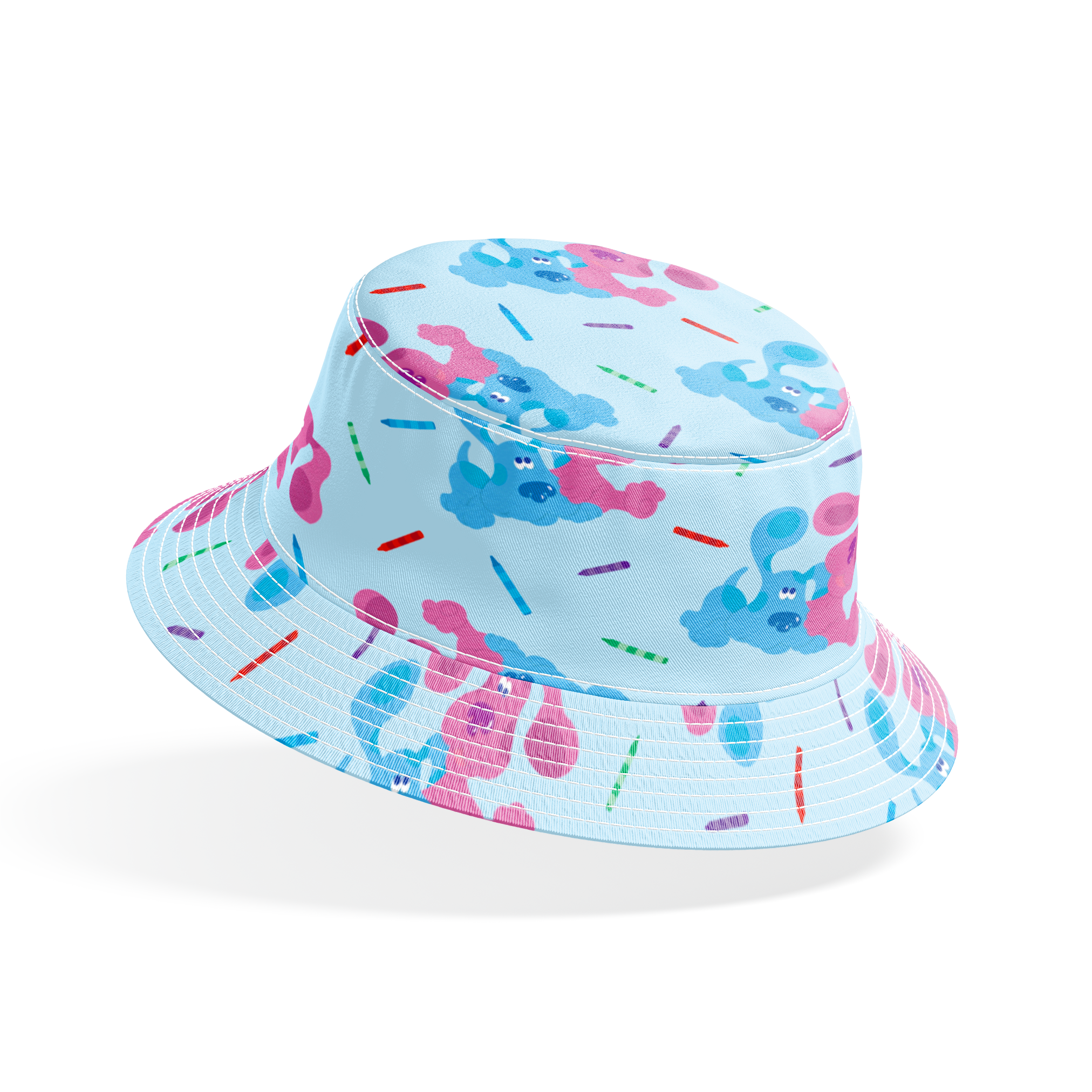 Playful pattern of cartoon blue and pink dogs with colorful stick accents on light blue background bucket hat mockup