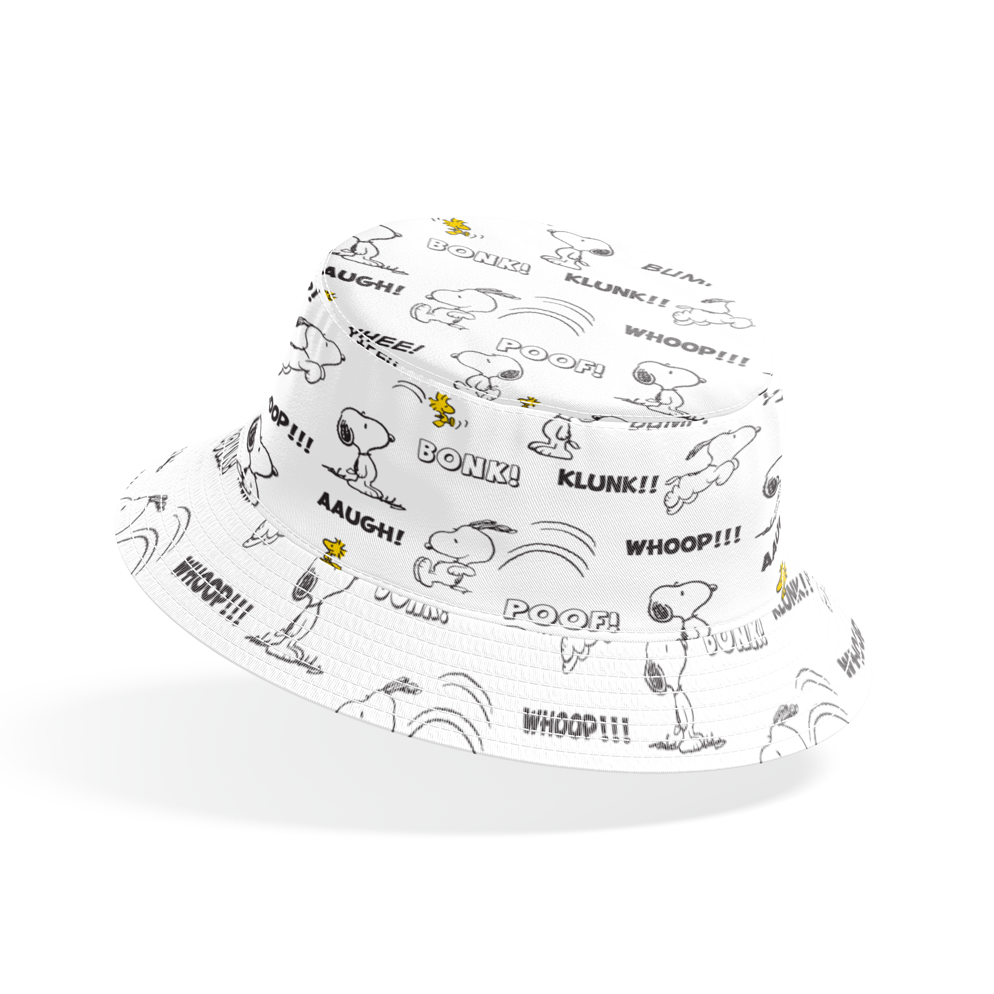 Comic-style pattern of Snoopy and Woodstock with sound effect words like "BONK!", "KLUNK!" and "BUMP!" in black and white. bucket hat mockup