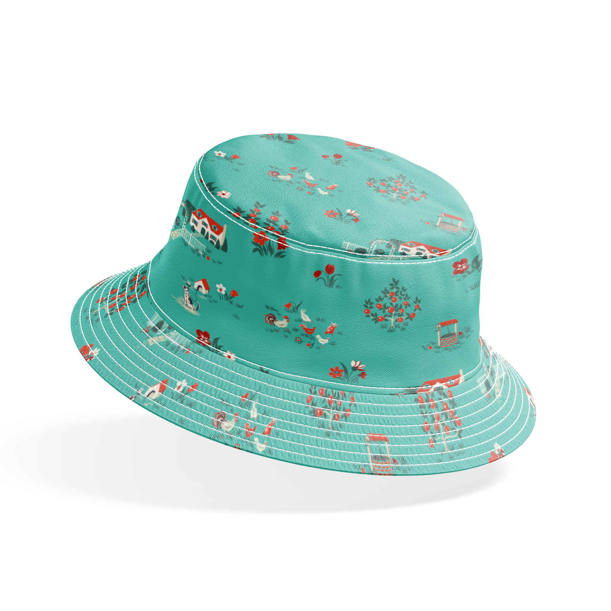 Teal background fabric with vintage cottages, flowers, chickens, and wells in a scattered countryside layout. bucket hat mockup