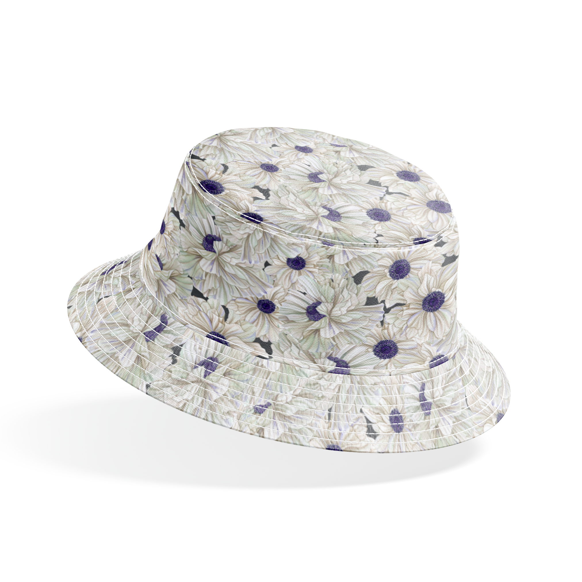 Ivory and indigo packed floral pattern with detailed petal textures and clustered blooms. bucket hat mockup
