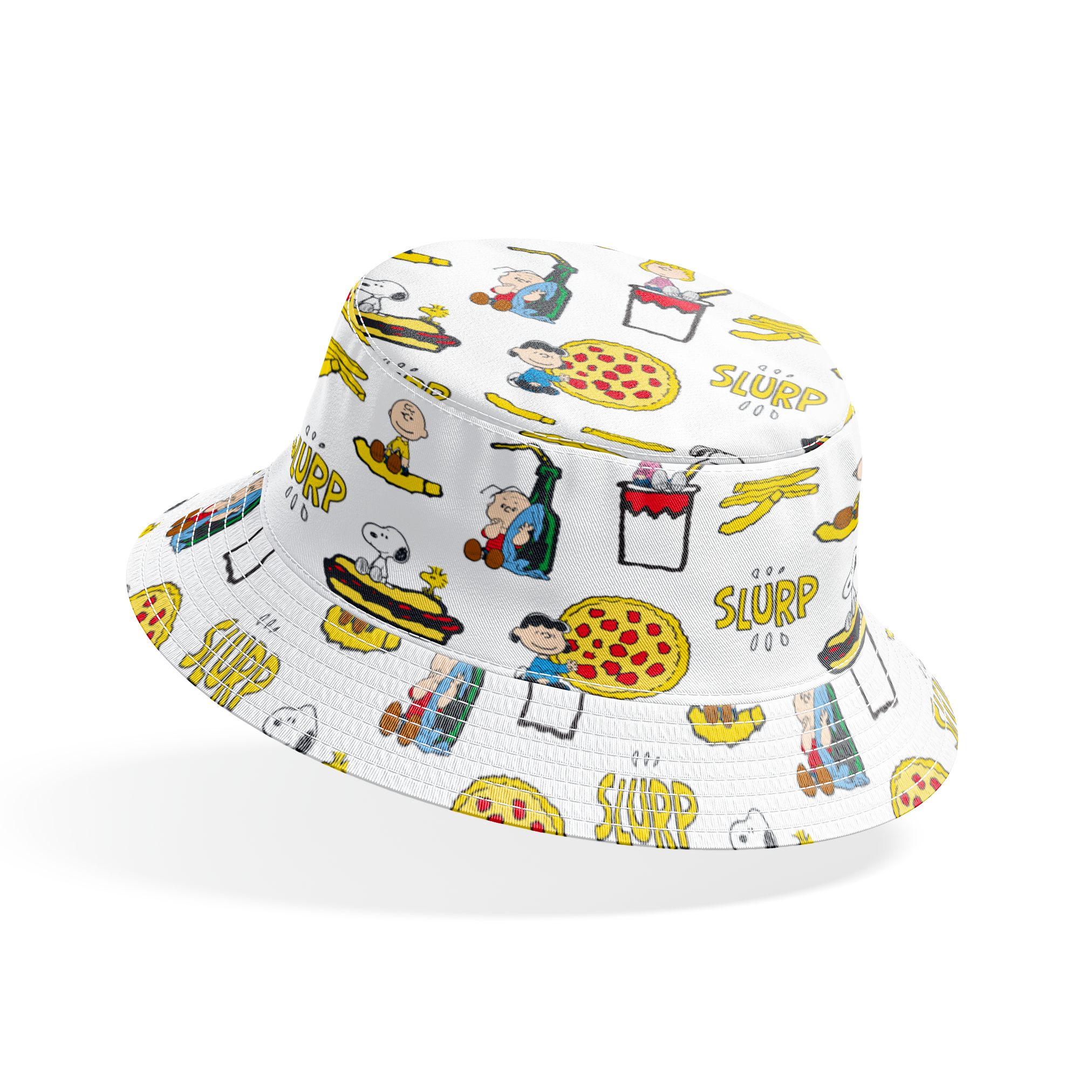Peanuts cartoon characters with pizza, hot dogs, and "SLURP" text in a repeating pattern bucket hat mockup