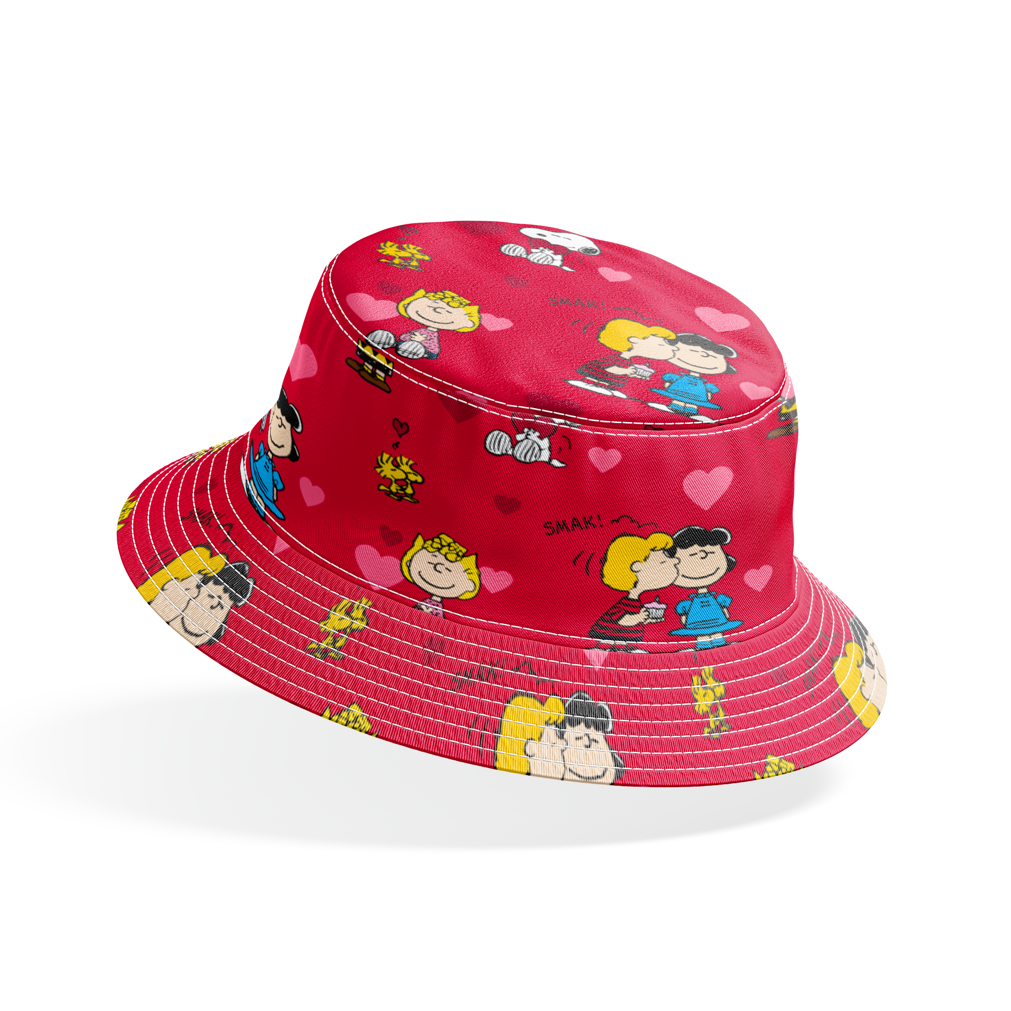 Peanuts characters on red background with hearts; Snoopy, Woodstock, and others in Valentine's theme bucket hat mockup