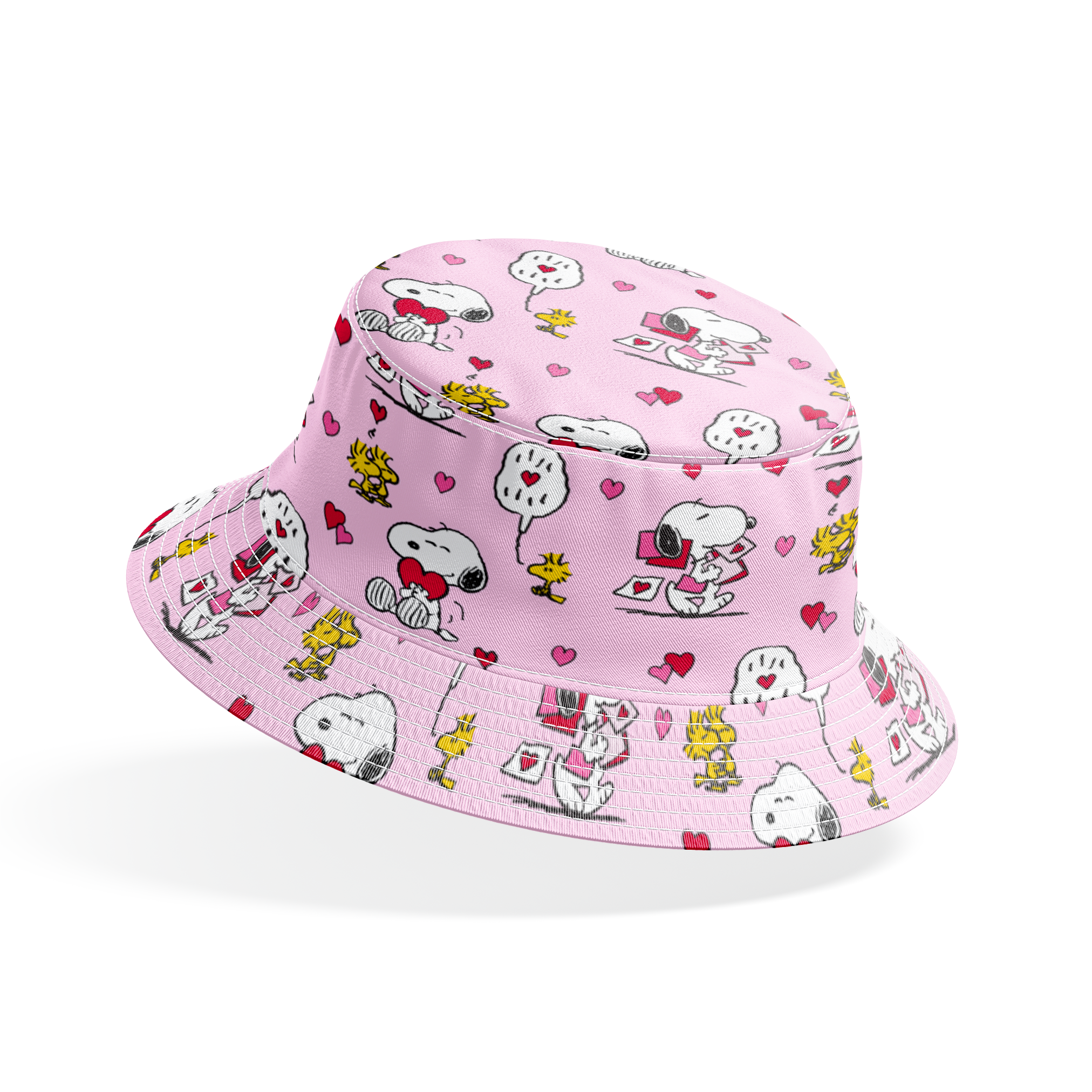 Valentine's pattern with Snoopy, Woodstock, and hearts on pink background, featuring love letters and speech bubbles. bucket hat mockup