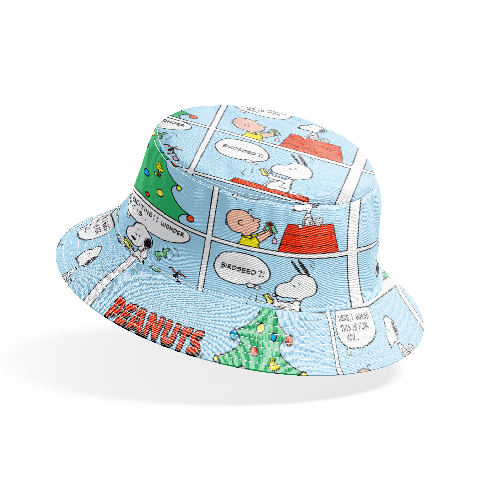 This is a Peanuts comic strip featuring Snoopy on his red doghouse with a Christmas tree visible. The panels show Snoopy preparing and decorating his doghouse for the holidays, with his yellow bird friend Woodstock appearing in a nest with Christmas lights. bucket hat mockup