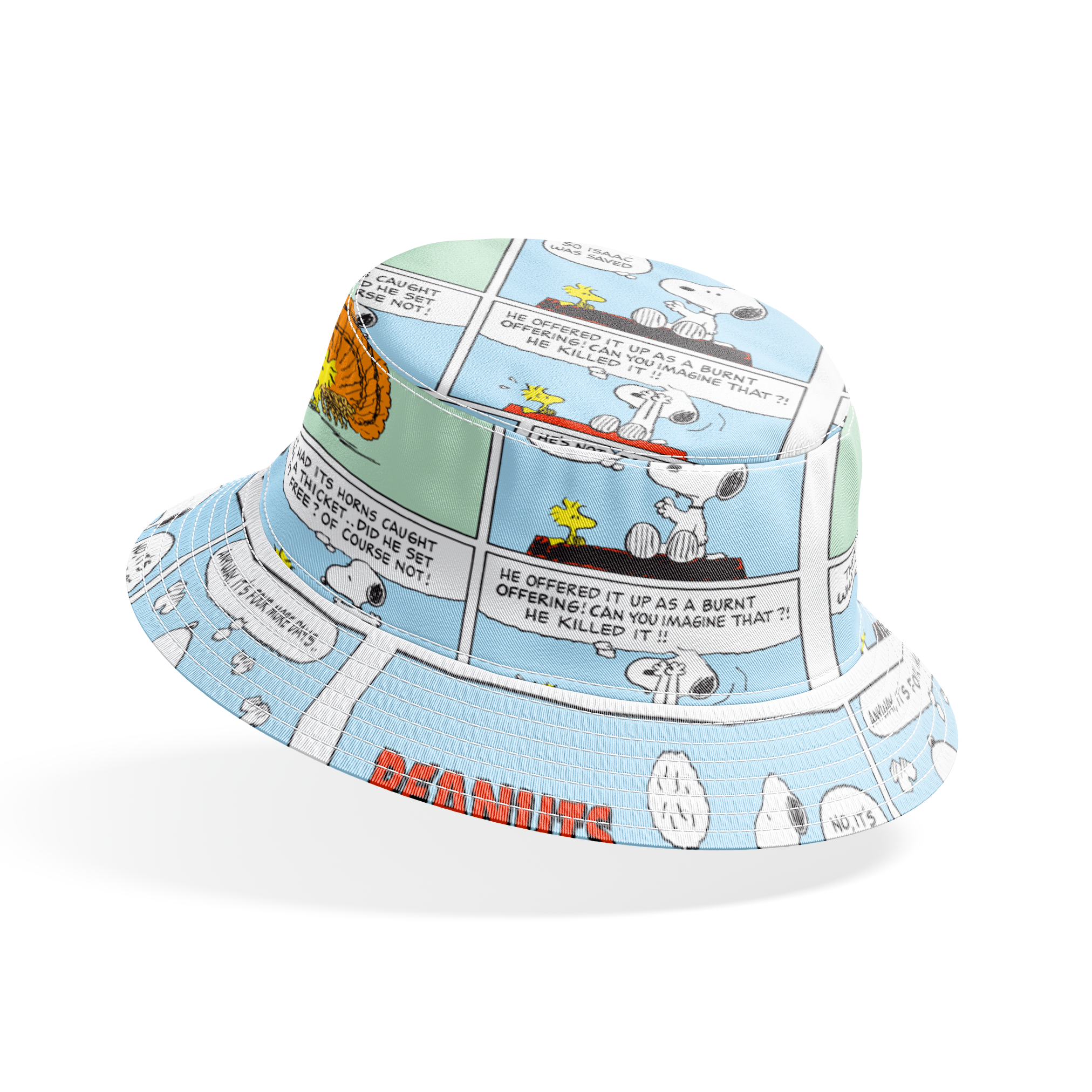 A Peanuts comic strip featuring Snoopy on his red doghouse, shown in multiple panels with Thanksgiving and food-related humor throughout the colorful Sunday format. bucket hat mockup