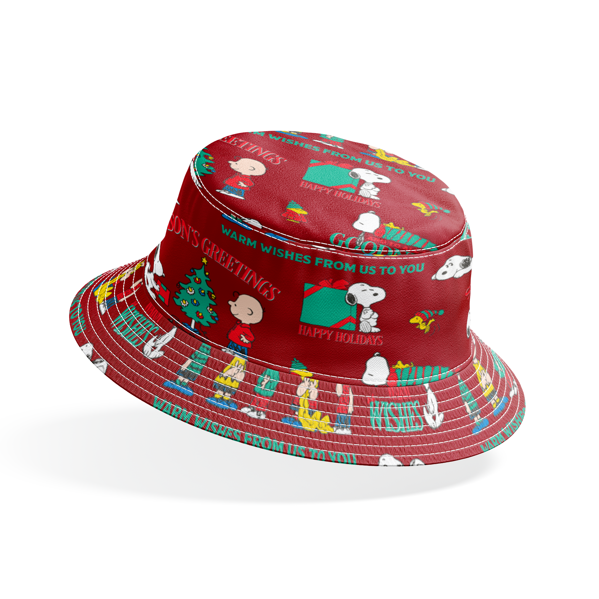 Colorful Peanuts Christmas pattern with Snoopy, Woodstock, and friends with holiday phrases on red background bucket hat mockup