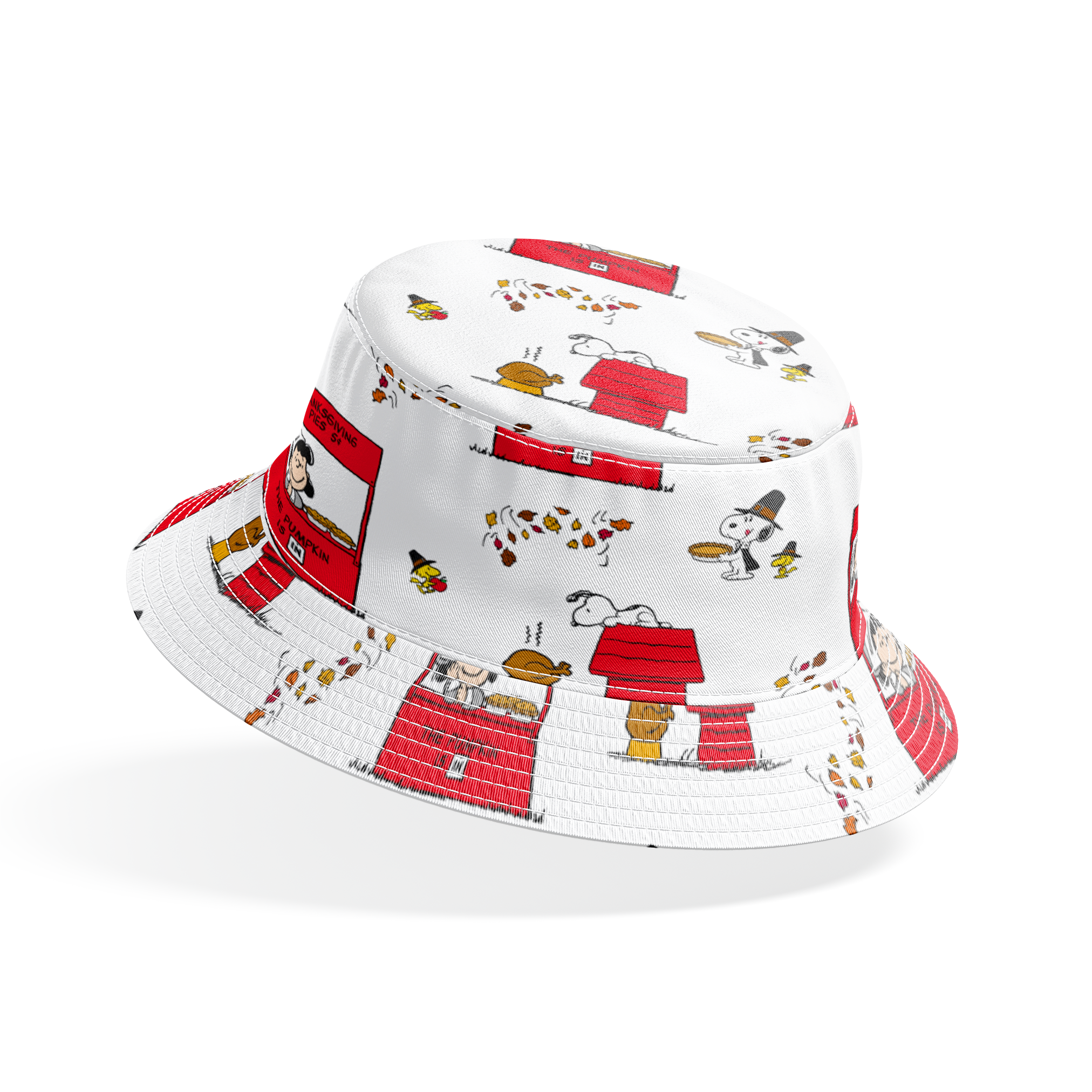 Peanuts Thanksgiving pattern with Snoopy, red booths, doghouses, and falling autumn leaves on white background bucket hat mockup