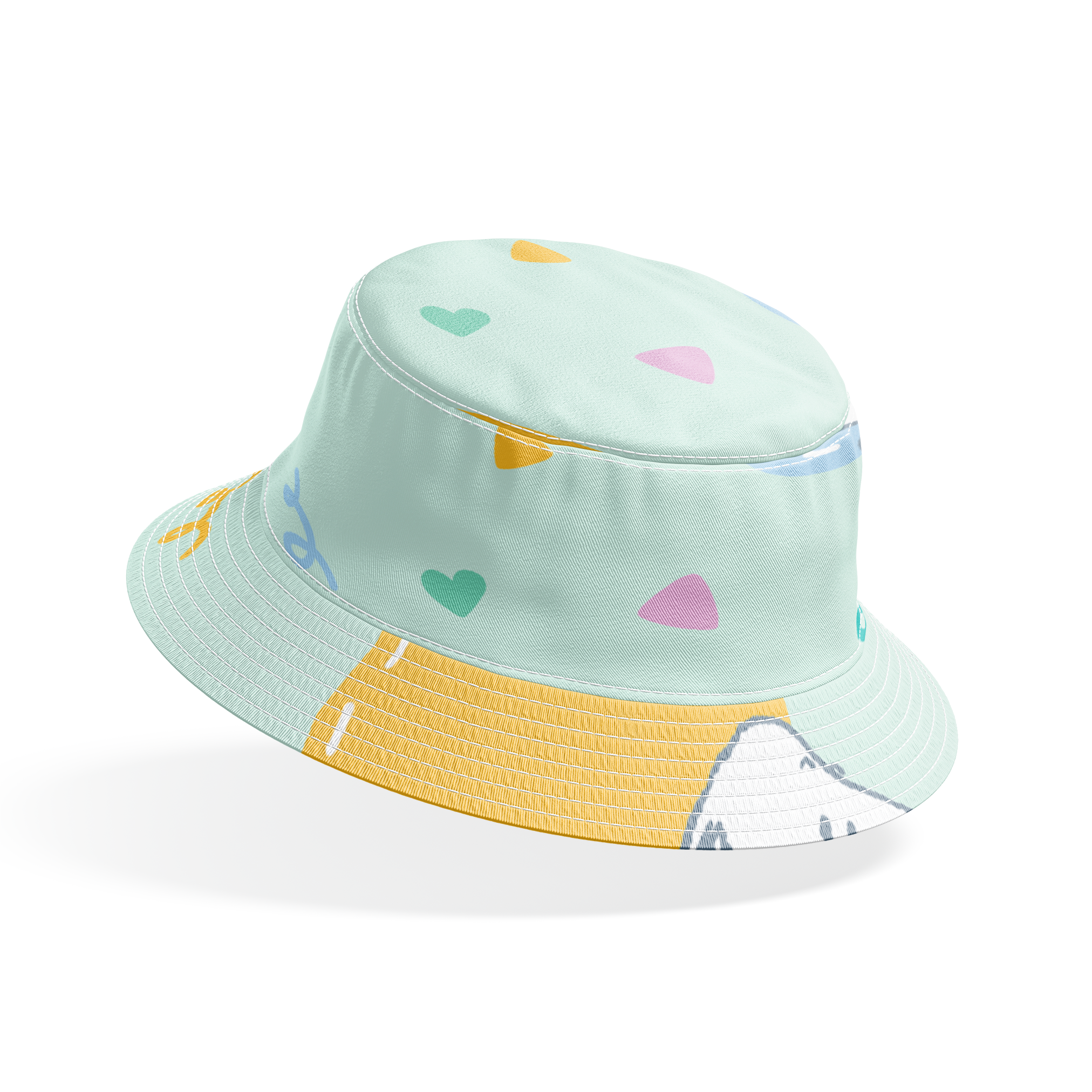 Cartoon Snoopy pattern with colorful hearts on mint green background, featuring different Snoopy poses bucket hat mockup