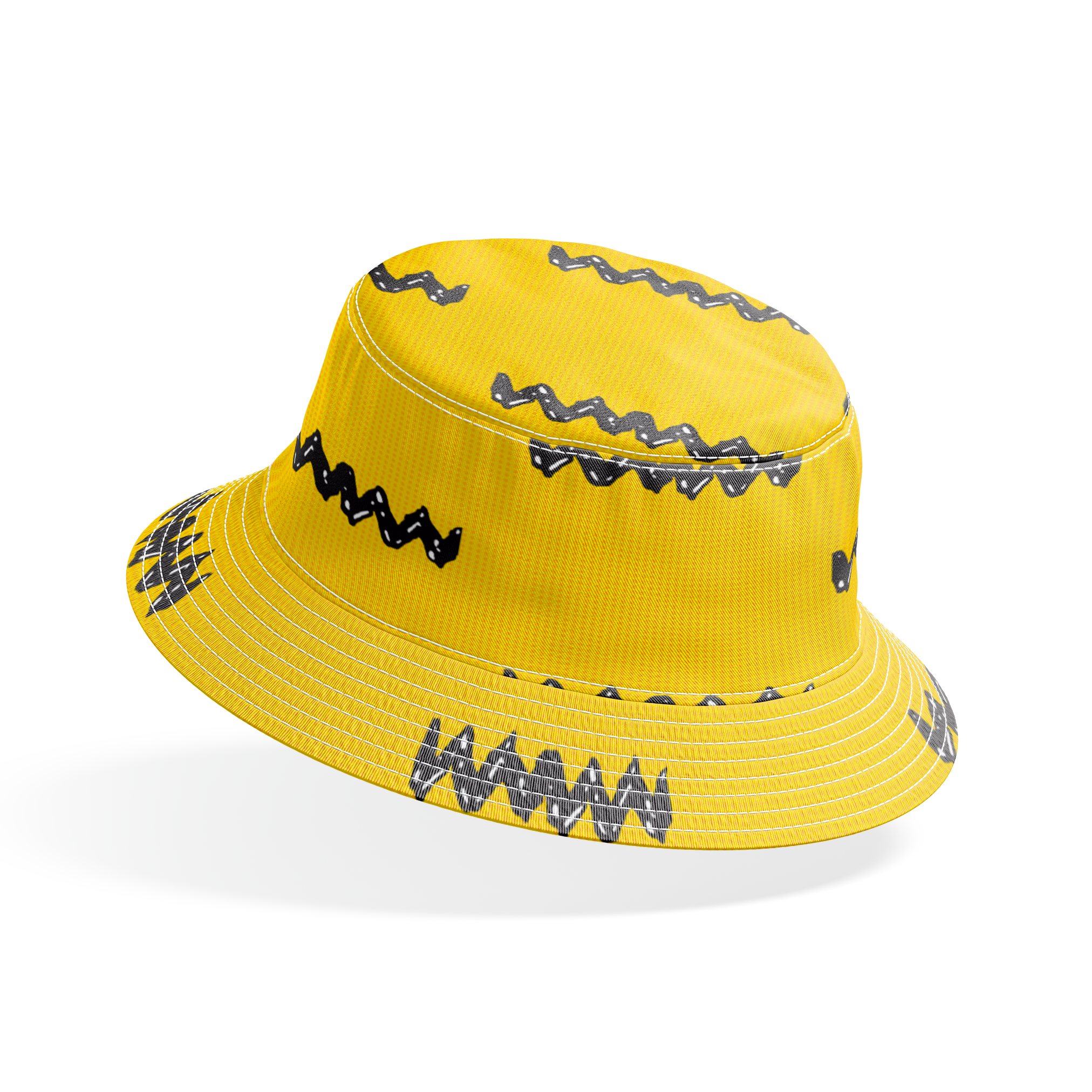 Black Charlie Brown zigzag patterns arranged in four rows against a bright yellow textured background bucket hat mockup