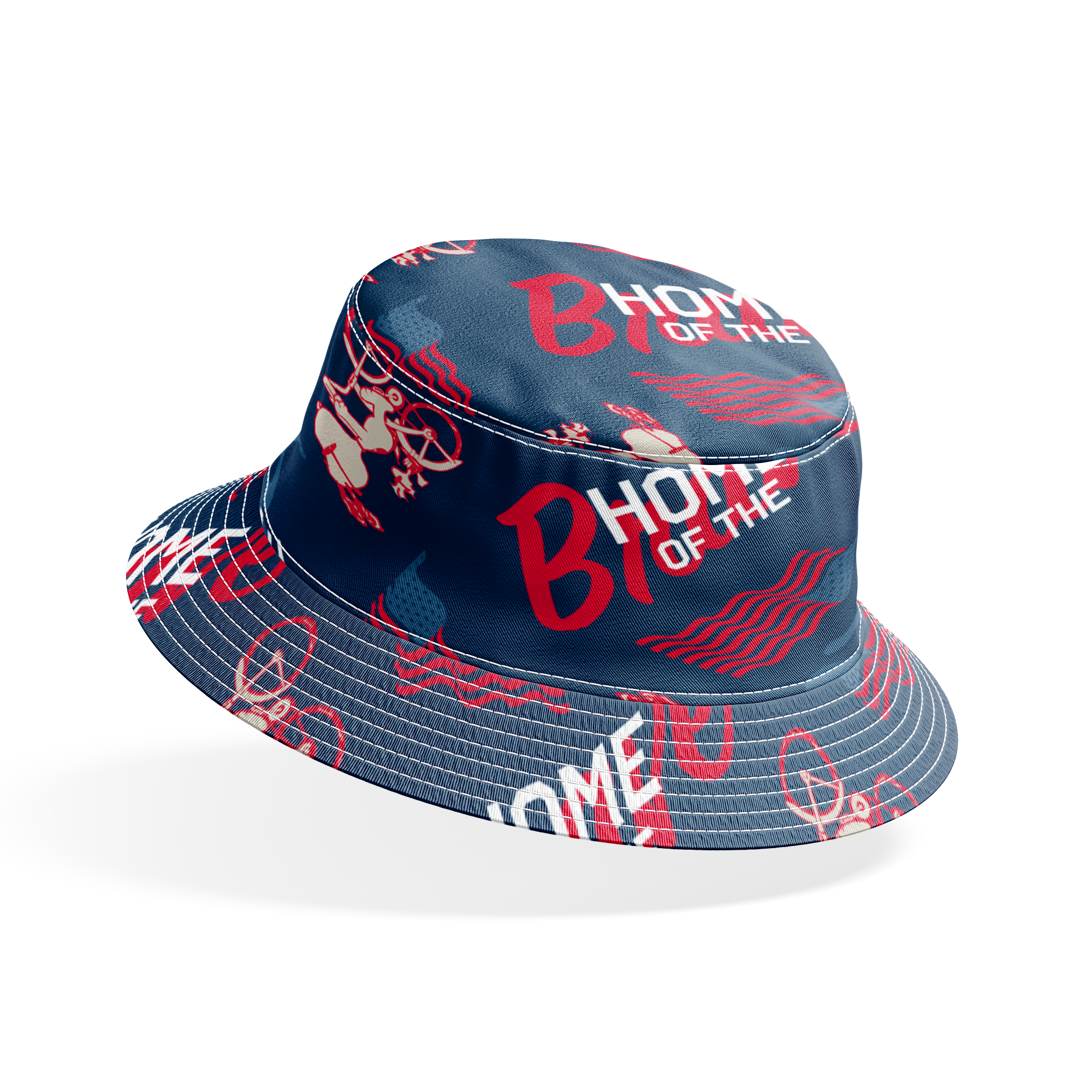 Repeating Peanuts "Home of the Brave" text pattern with bicycles on navy blue background with red wavy lines bucket hat mockup