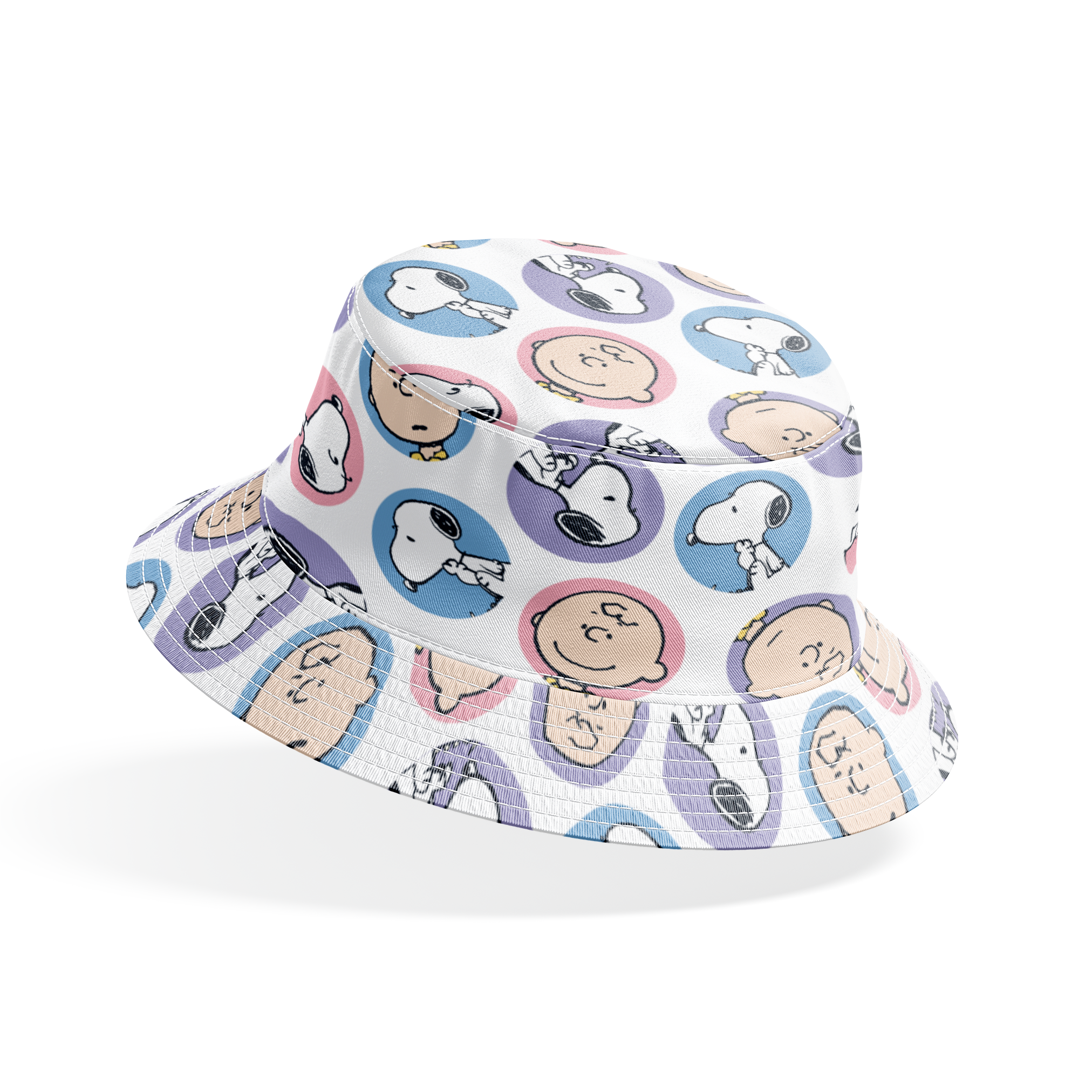 Peanuts cartoon pattern with Charlie Brown and Snoopy circular portraits in pink, blue and purple bucket hat mockup