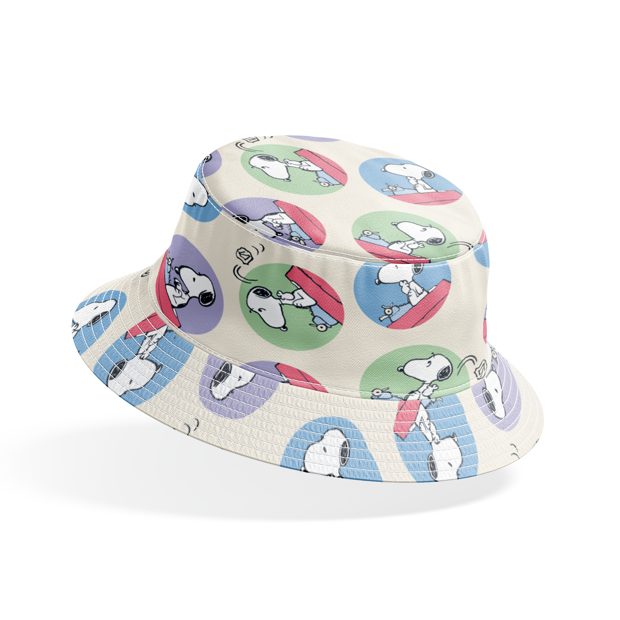 Cartoon Snoopy pattern with the beagle character in circular frames of blue, green, and purple backgrounds bucket hat mockup
