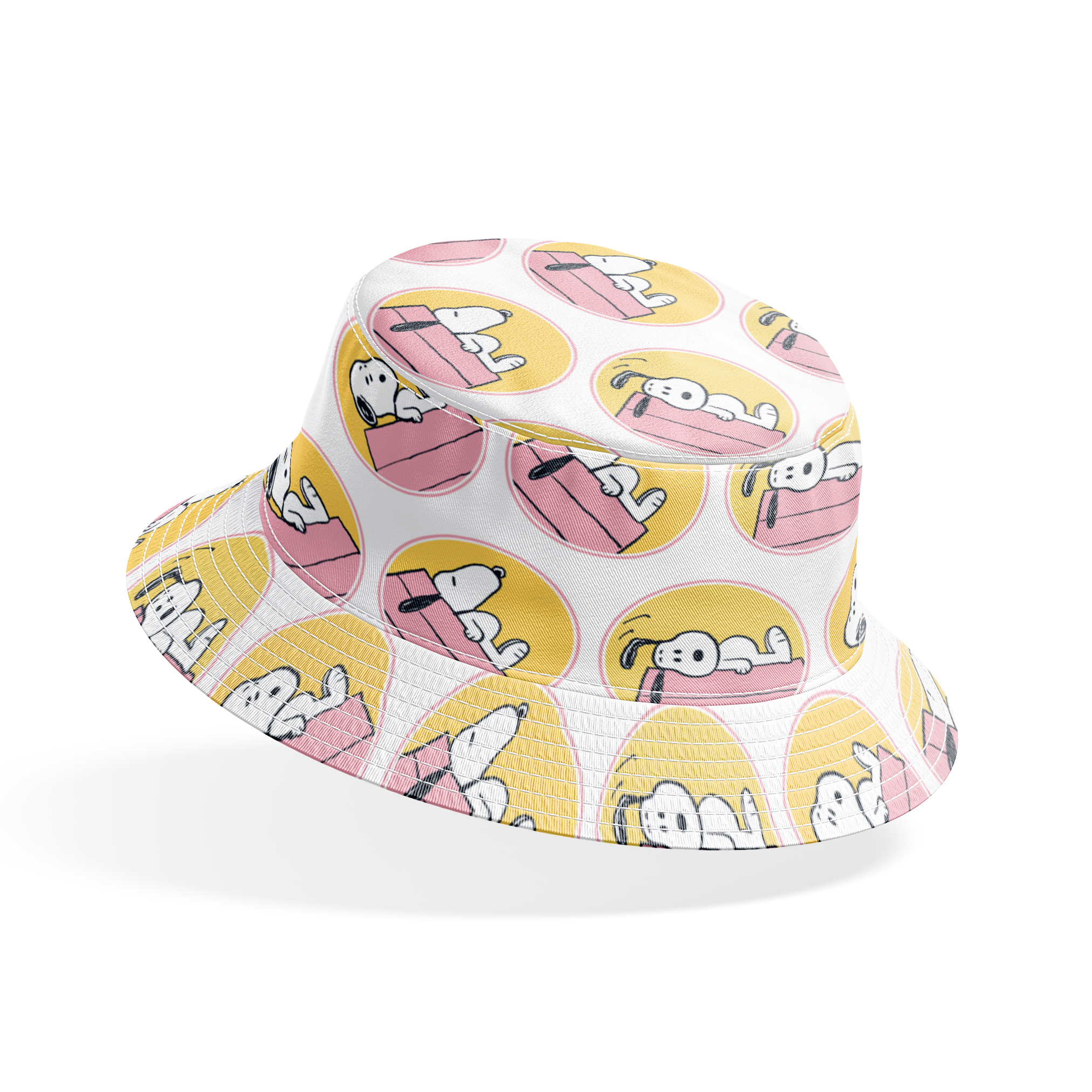 Snoopy lounging on pink doghouse roof in various poses, arranged in circular yellow frames bucket hat mockup
