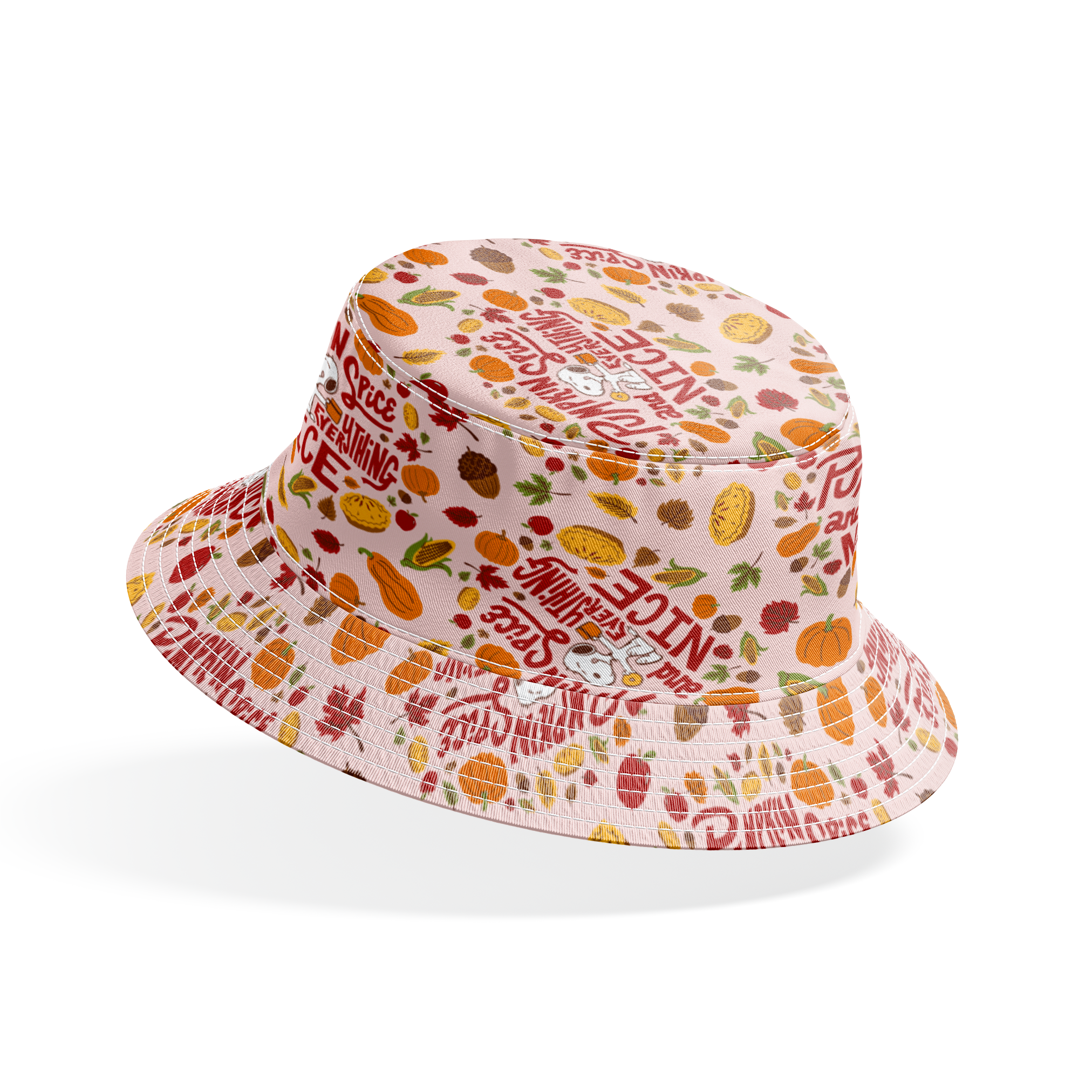 Fall Peanuts pattern with pumpkin spice phrases, autumn leaves, pumpkins, pine cones and Snoopy characters on a beige background bucket hat mockup