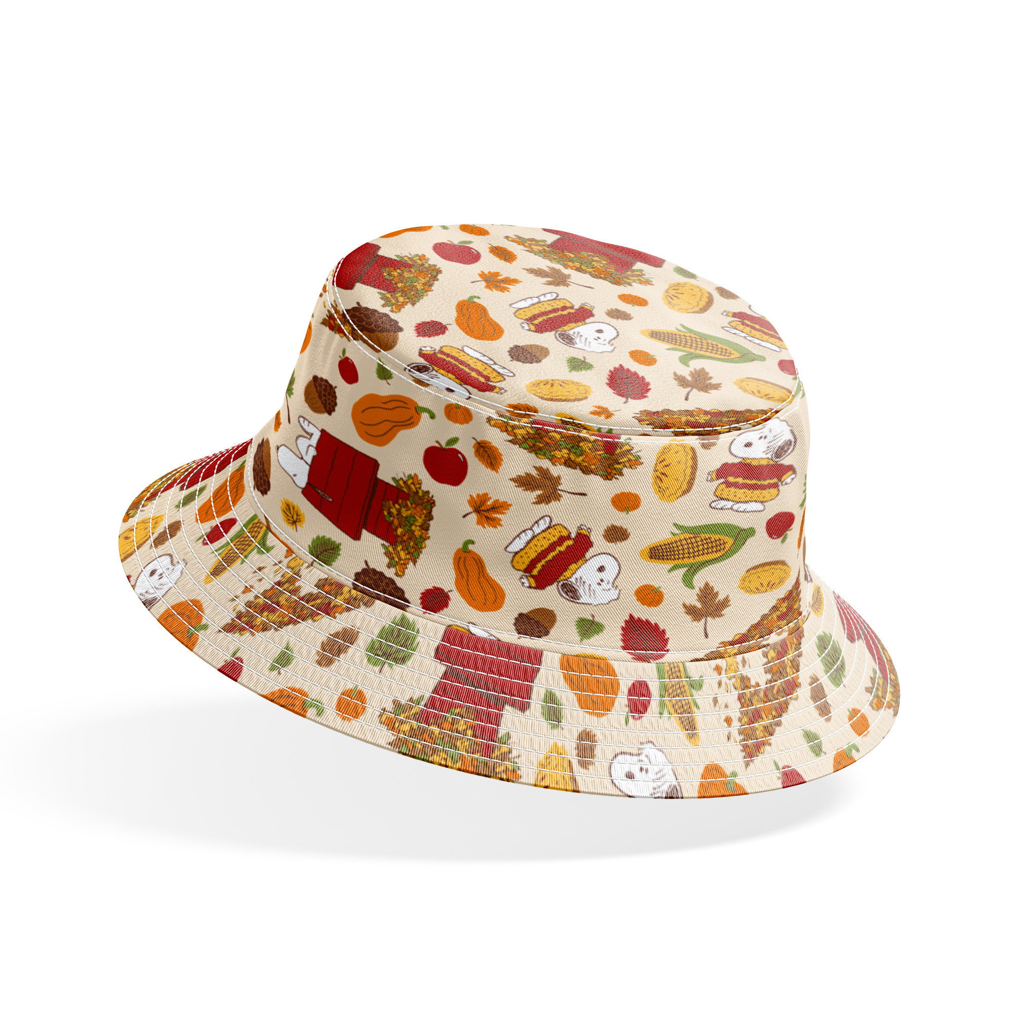 Fall themed pattern with Snoopy, red doghouses, pumpkins, corn, sandwiches, and autumn leaves on cream background bucket hat mockup