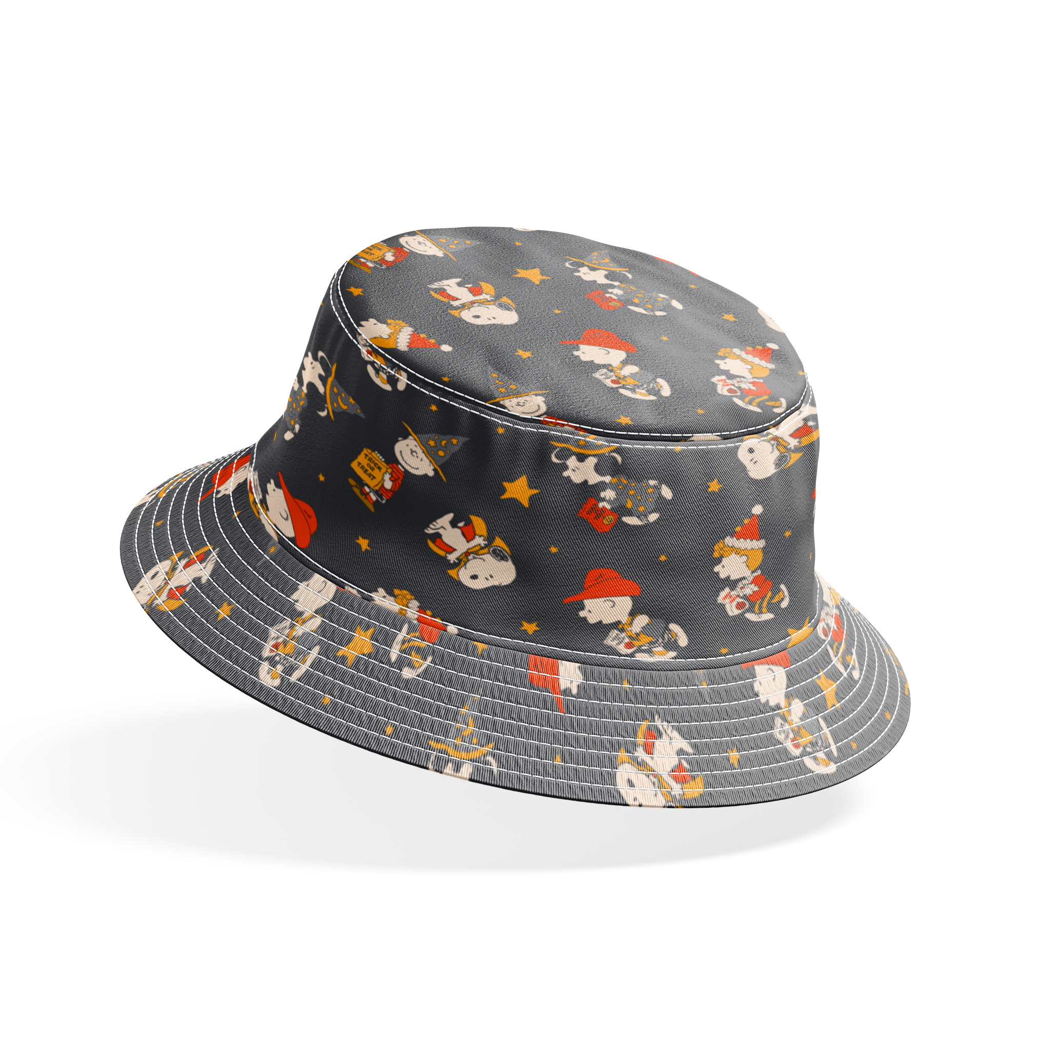 Snoopy cartoon pattern on dark gray background with characters in Halloween costumes and golden stars bucket hat mockup