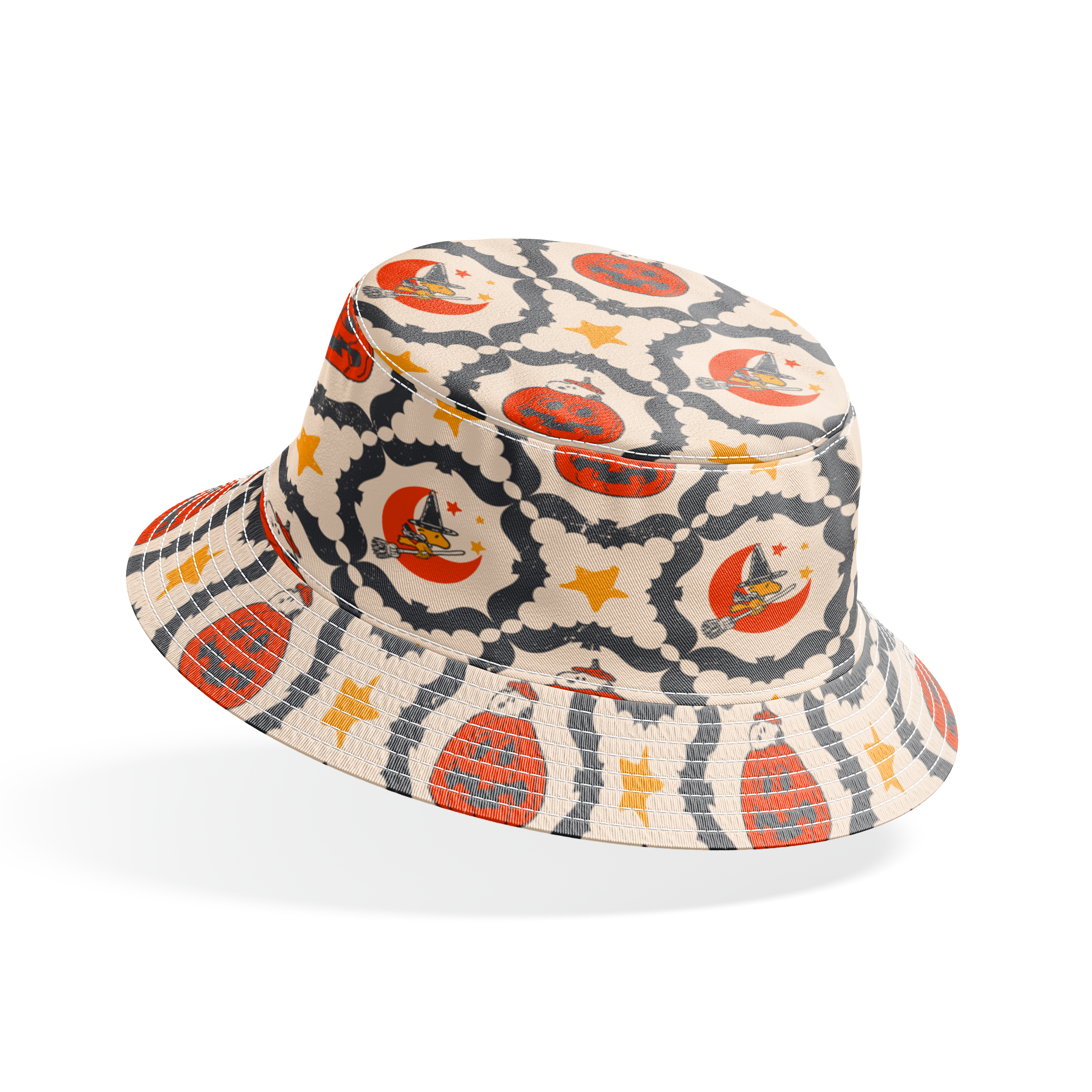 Peanuts Halloween pattern with orange jack-o'-lanterns, crescent moons with witch hats, yellow stars, and black bat borders on cream background bucket hat mockup