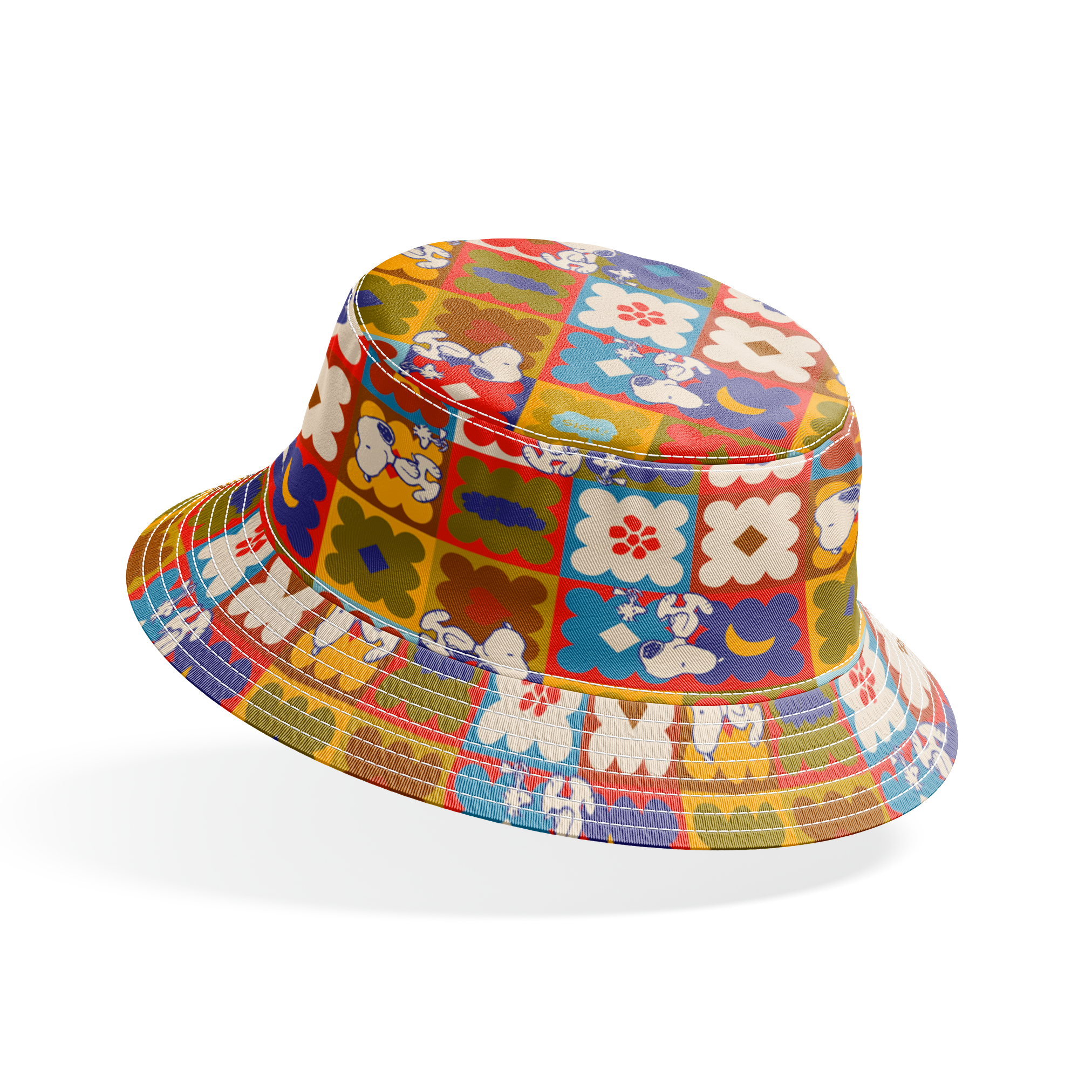 Colorful patchwork pattern featuring Snoopy characters in various squares with flowers, geometric shapes, and decorative elements bucket hat mockup