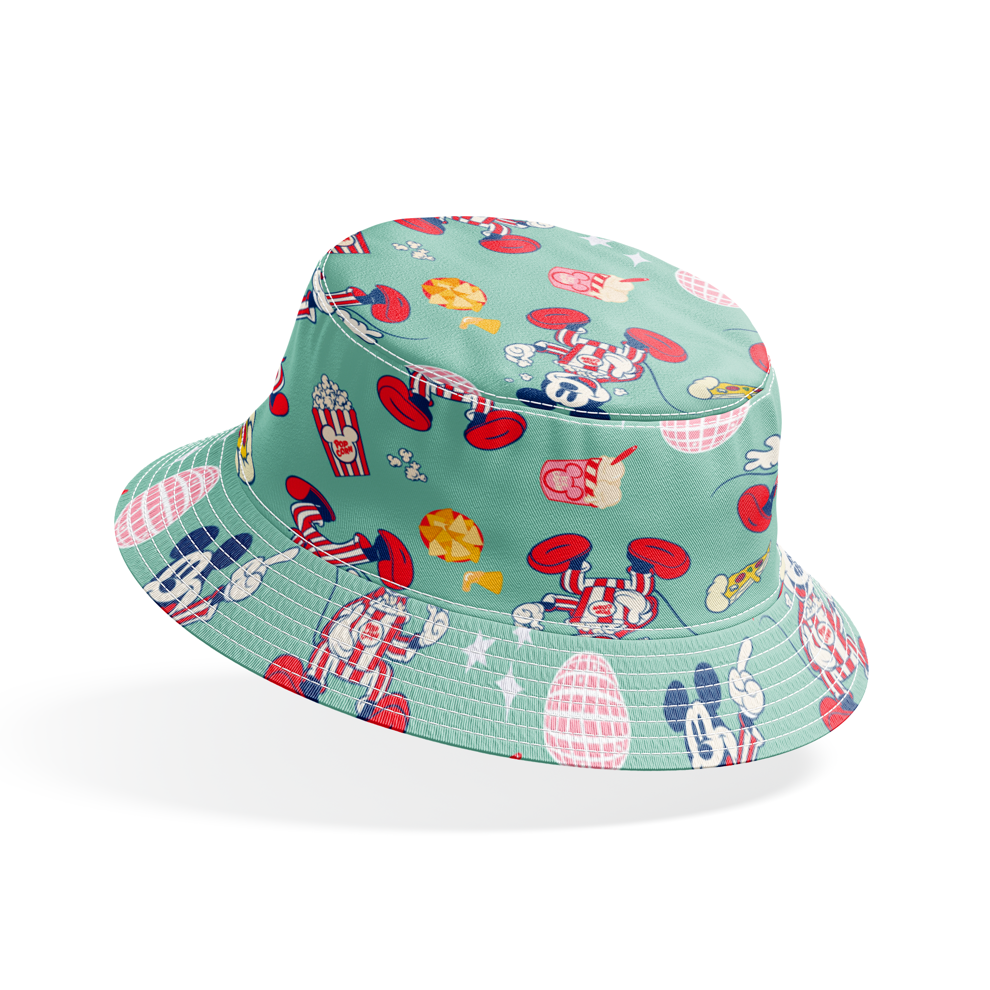 Mickey Mouse in red striped outfits with disco balls, pizza, popcorn, and snacks on mint green background. bucket hat mockup