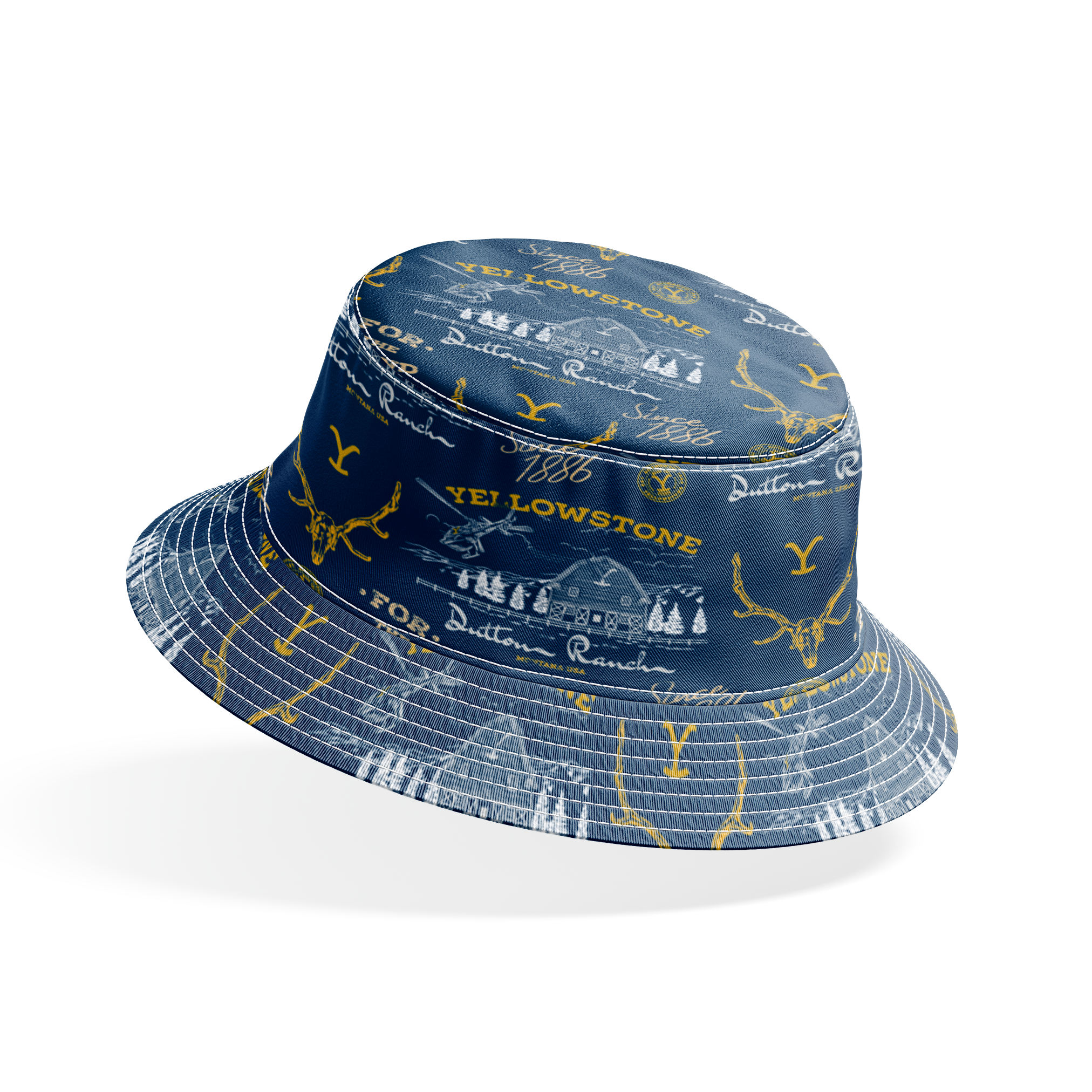 Yellowstone-themed pattern with Dutton Ranch logos, deer antlers, and "Y" branding on navy blue background bucket hat mockup