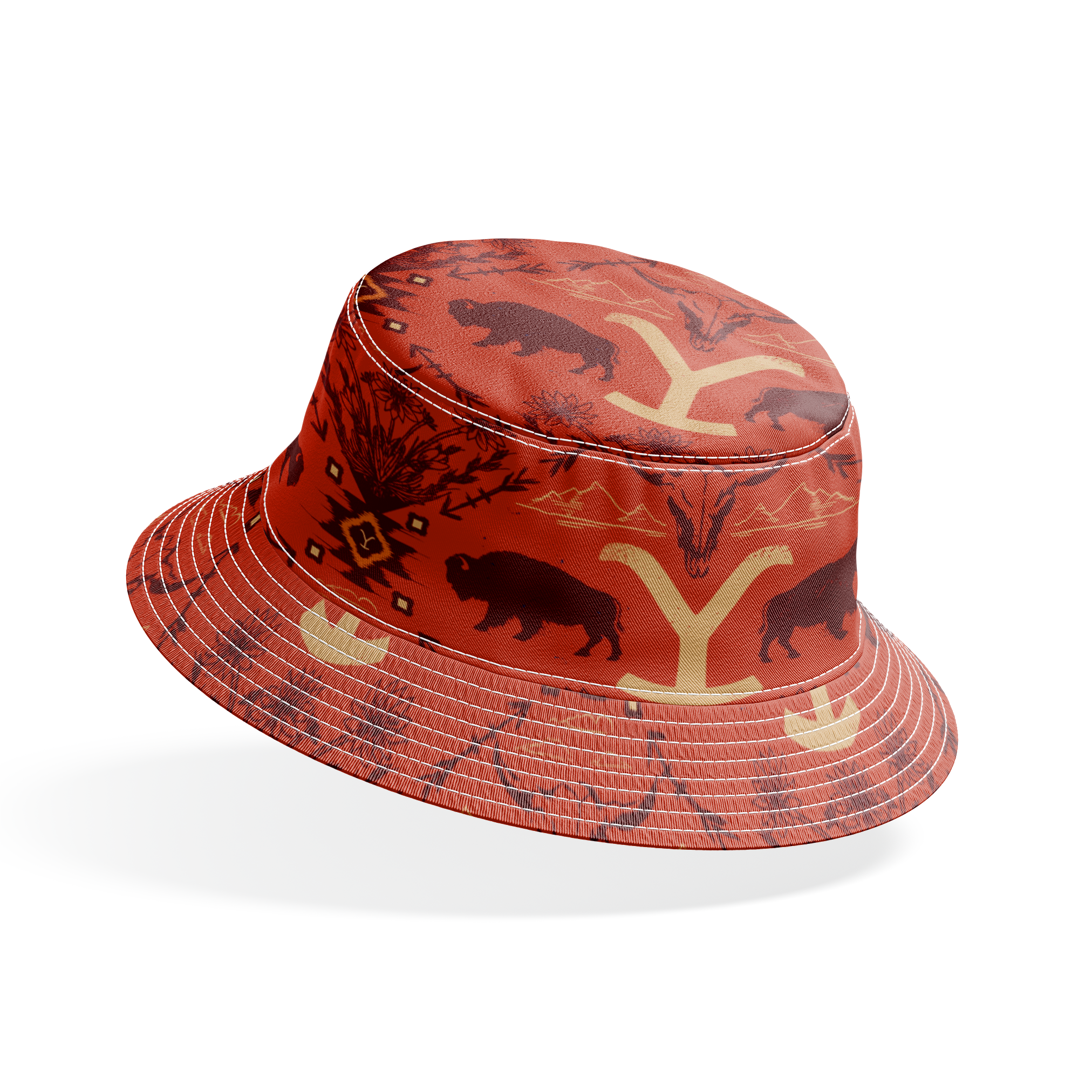 Terracotta and burgundy Yellowstone design with buffalo, skulls, wildflowers, and Western motifs. bucket hat mockup