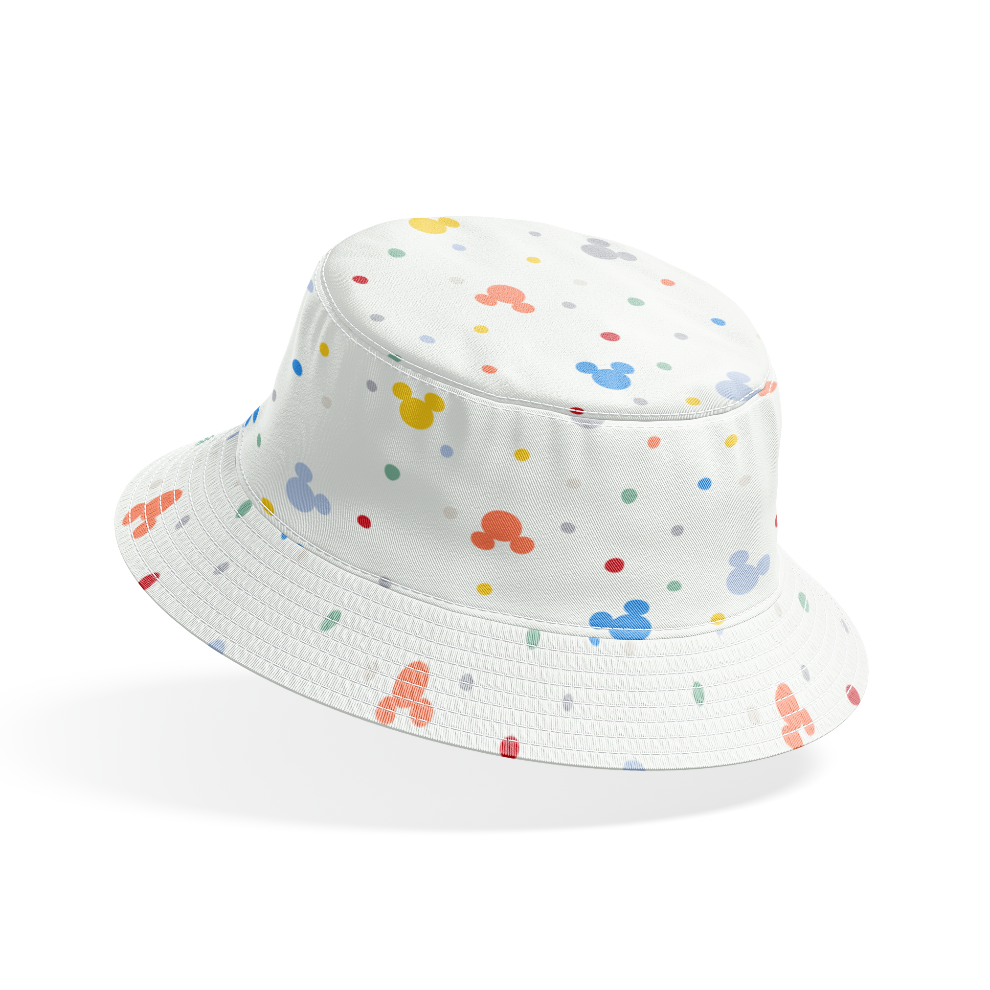 Colorful Disney Mickey Mouse silhouette pattern with pastel dots on white background bucket hat mockup