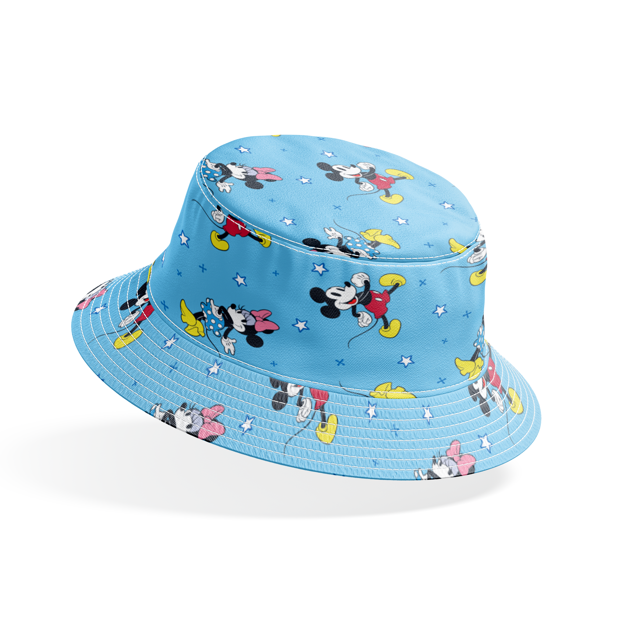 Disney Mickey Mouse and Minnie Mouse characters on light blue background with white stars, pattern design bucket hat mockup
