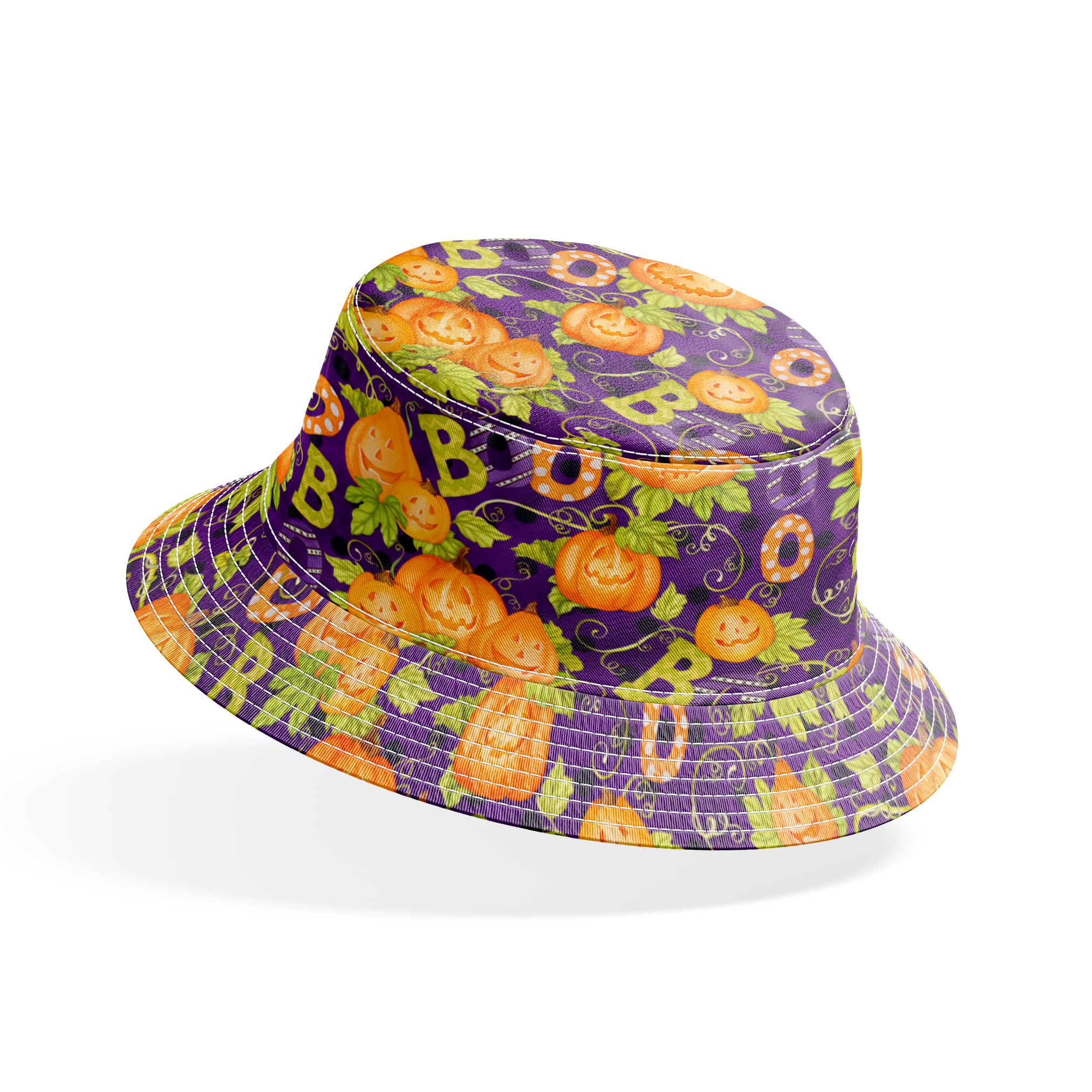 Halloween fabric by Nicole Tamarin with smiling jack-o’-lanterns, “BOO” text, vines, and leaves on a purple background. bucket hat mockup