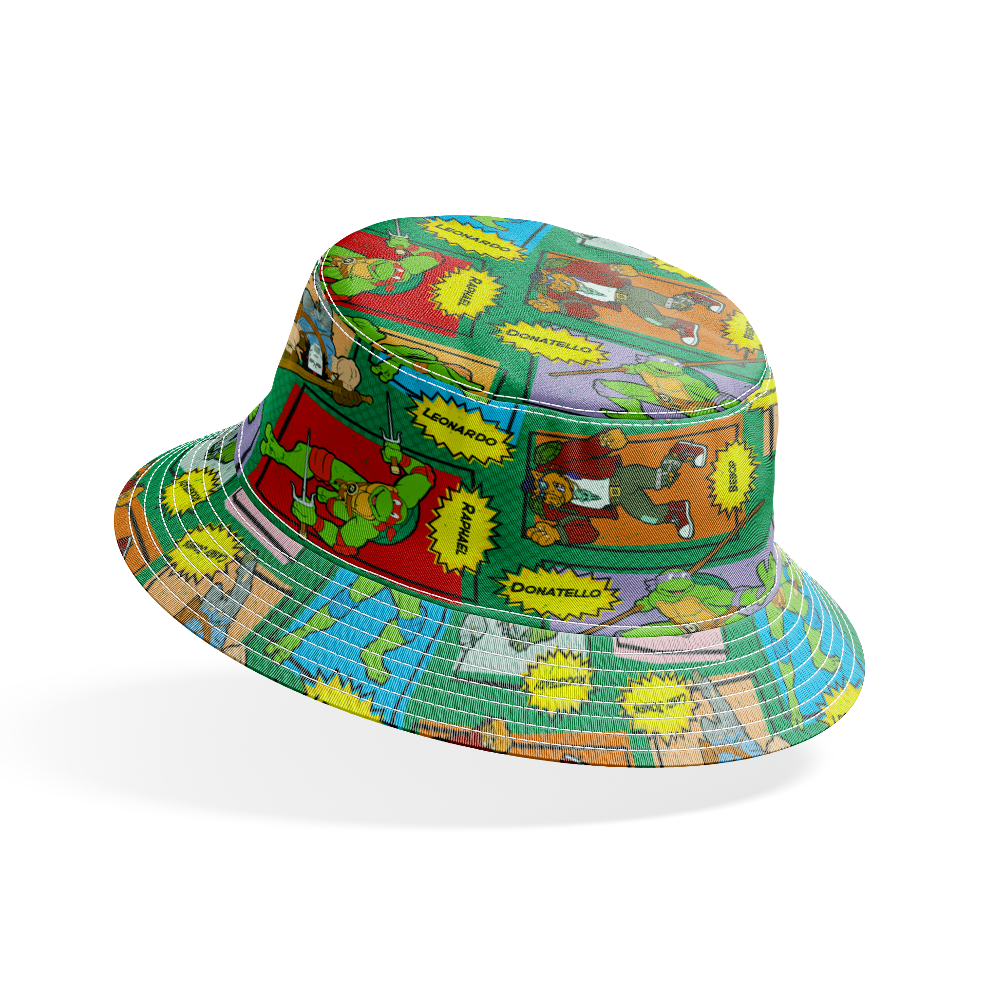 Retro Teenage Mutant Ninja Turtles comic print with turtles, villains, and action words in colorful panels. bucket hat mockup