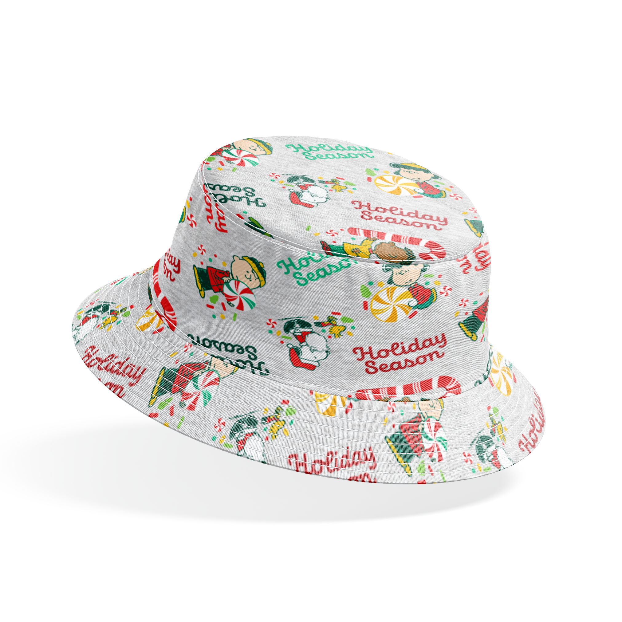 Festive Peanuts characters with candy canes and peppermints on gray background with "Holiday Season" text bucket hat mockup